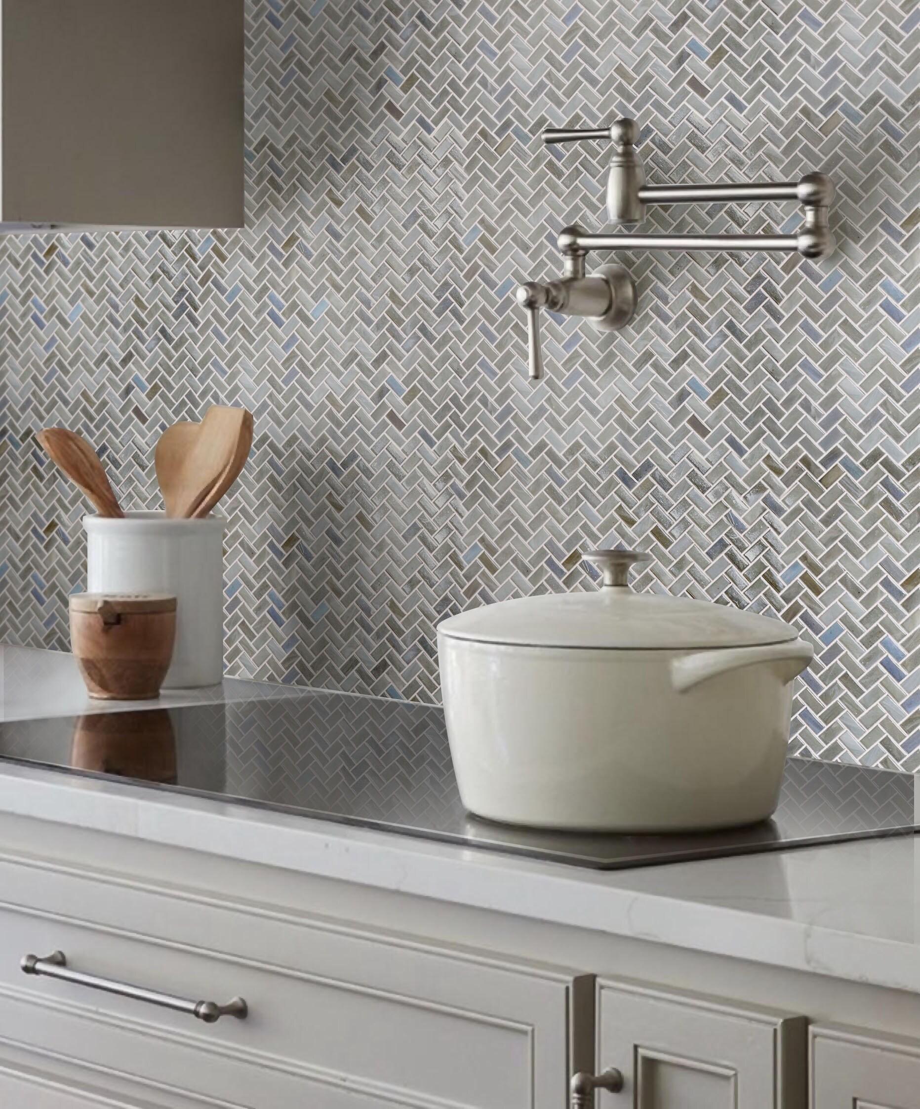 Apollo Tile    10 Pack 11.8-in x 11.9-in Gray Herringbone Glossy Finished Glass Mosaic Floor and Wall Tile (9.75 Sq ft/case)