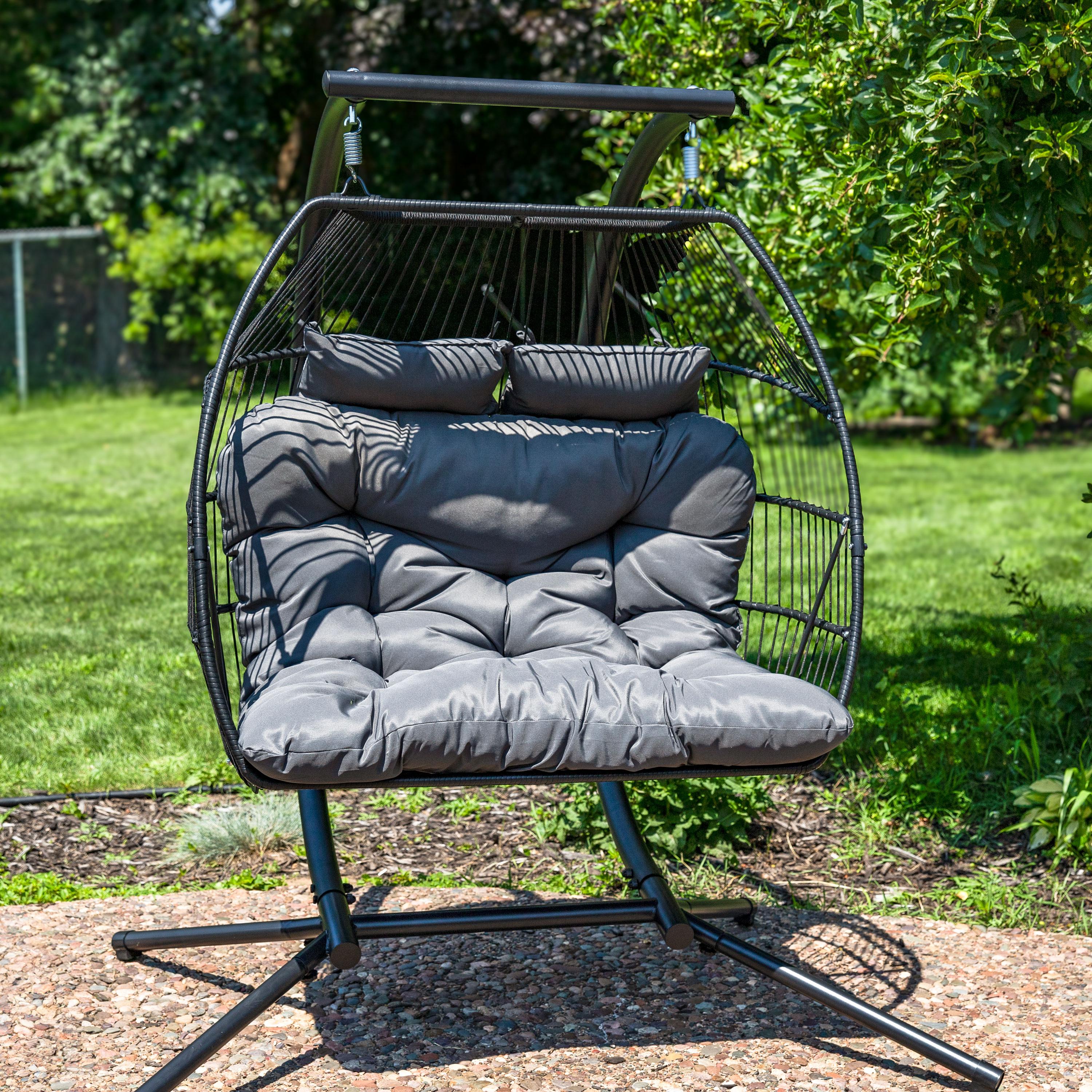 Sunnydaze Outdoor Andrei Double Egg Chair with Steel Stand and Polyester Cushion - Dark Gray - 74"