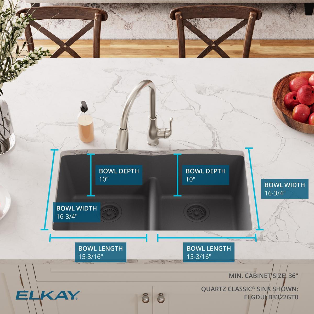 Elkay Quartz Classic 33" x 19" x 10" Double Bowl Undermount Sink with Aqua Divide, Matte Black