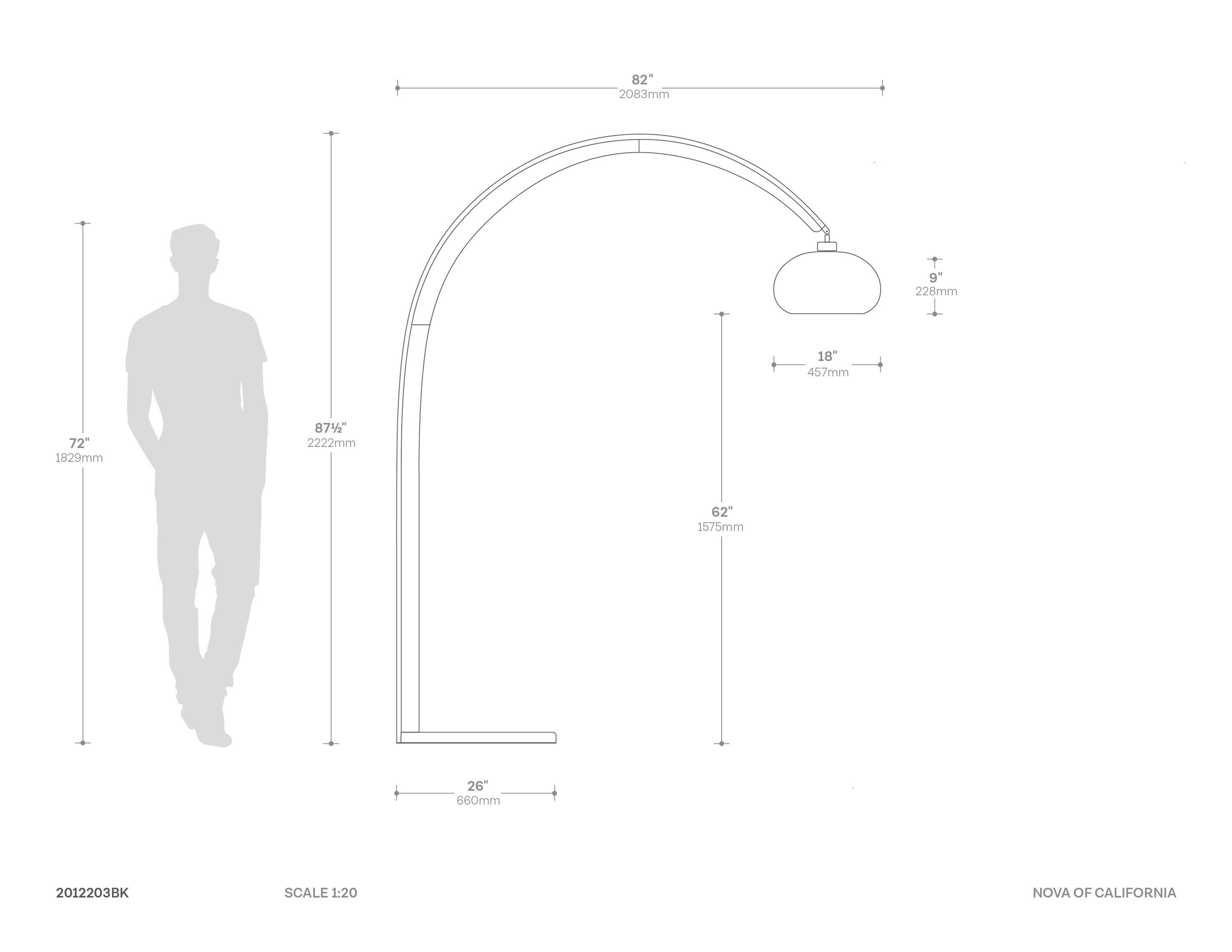 Nova of California Vaulted Arc Floor Lamp by Peter Morelli - 86", 1968 design, Black Wood, Satin Nickel, Dimmer Switch, V-base