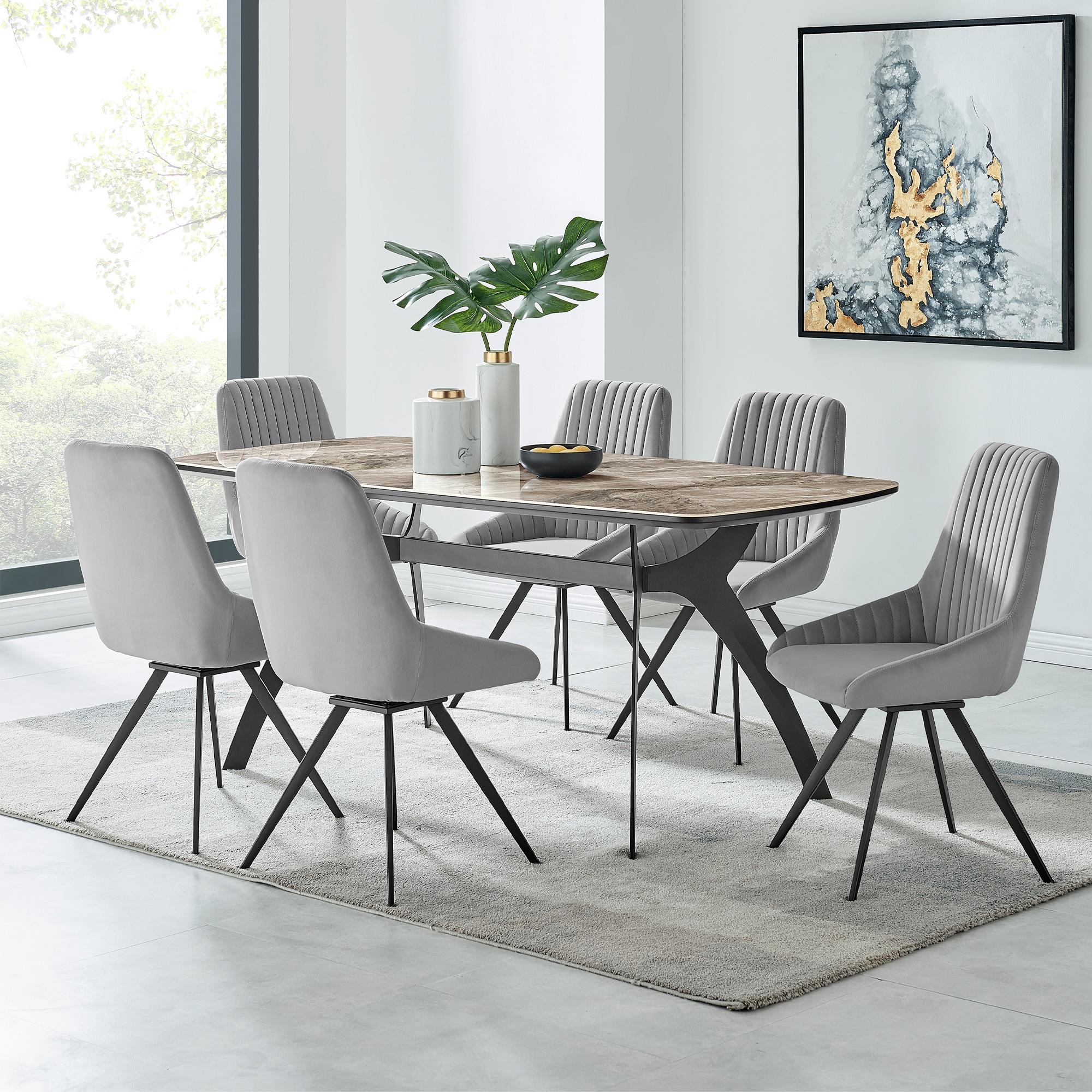 Armen Living Set of 2 Alison Swivel Velvet and Metal Dining Chairs Gray: Mid-Century Modern, Curved Back, Armless