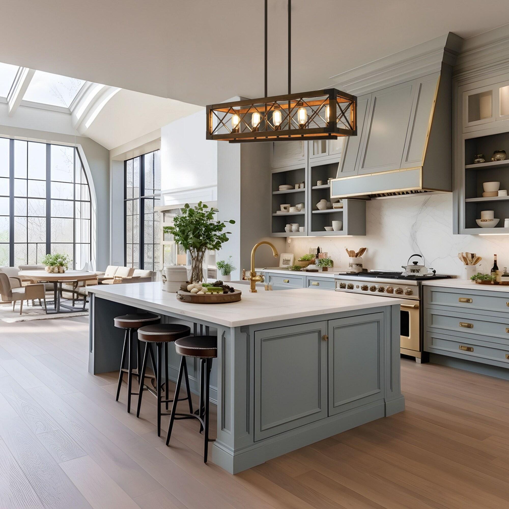 Farmhouse 5-Light Wood and Black Metal Chandelier, Rectangular Kitchen Island Light Fixture