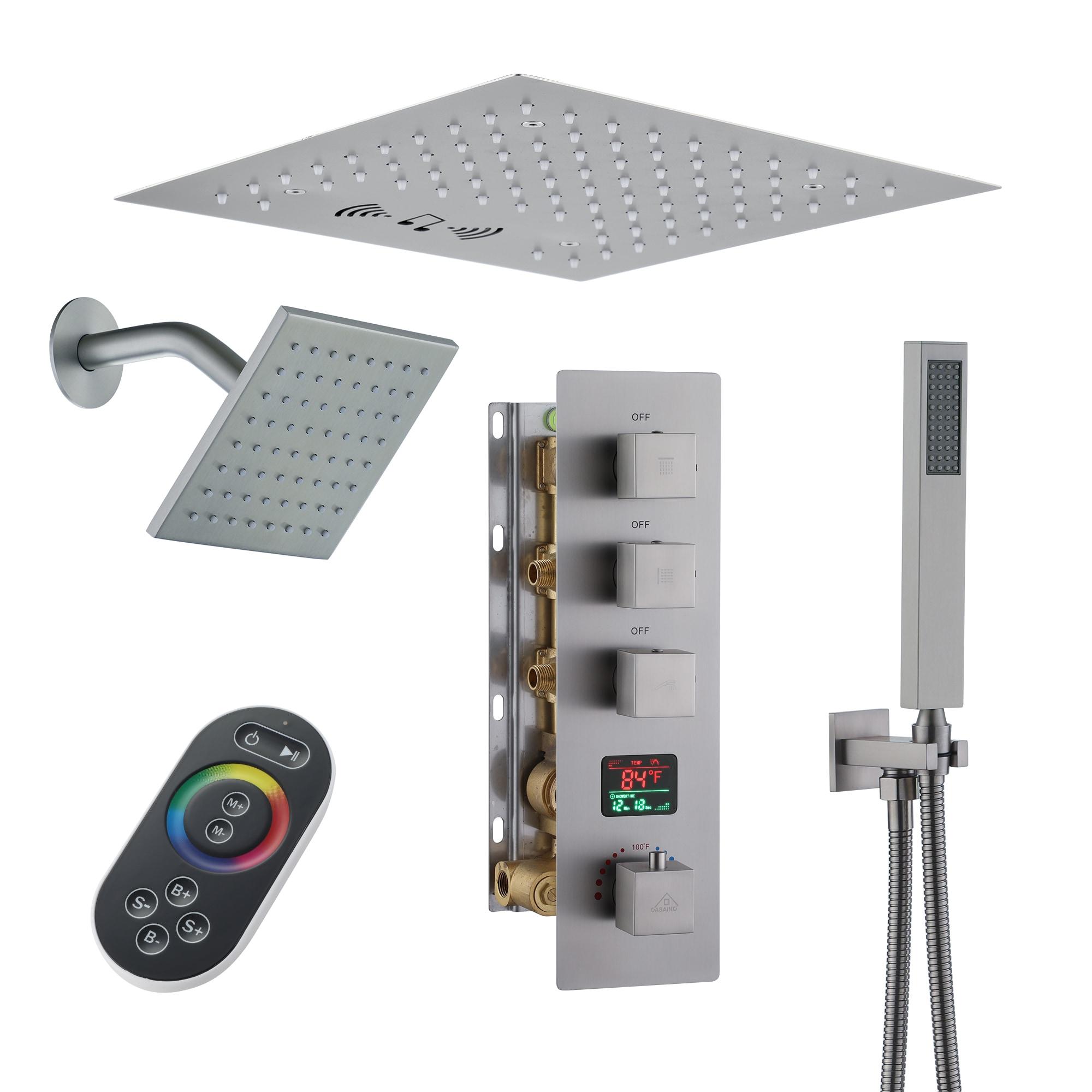 Rainfall Symphony 12" Flush Mount Rainfall Temperature Display Thermostatic Shower System with 64 Color LED and Music