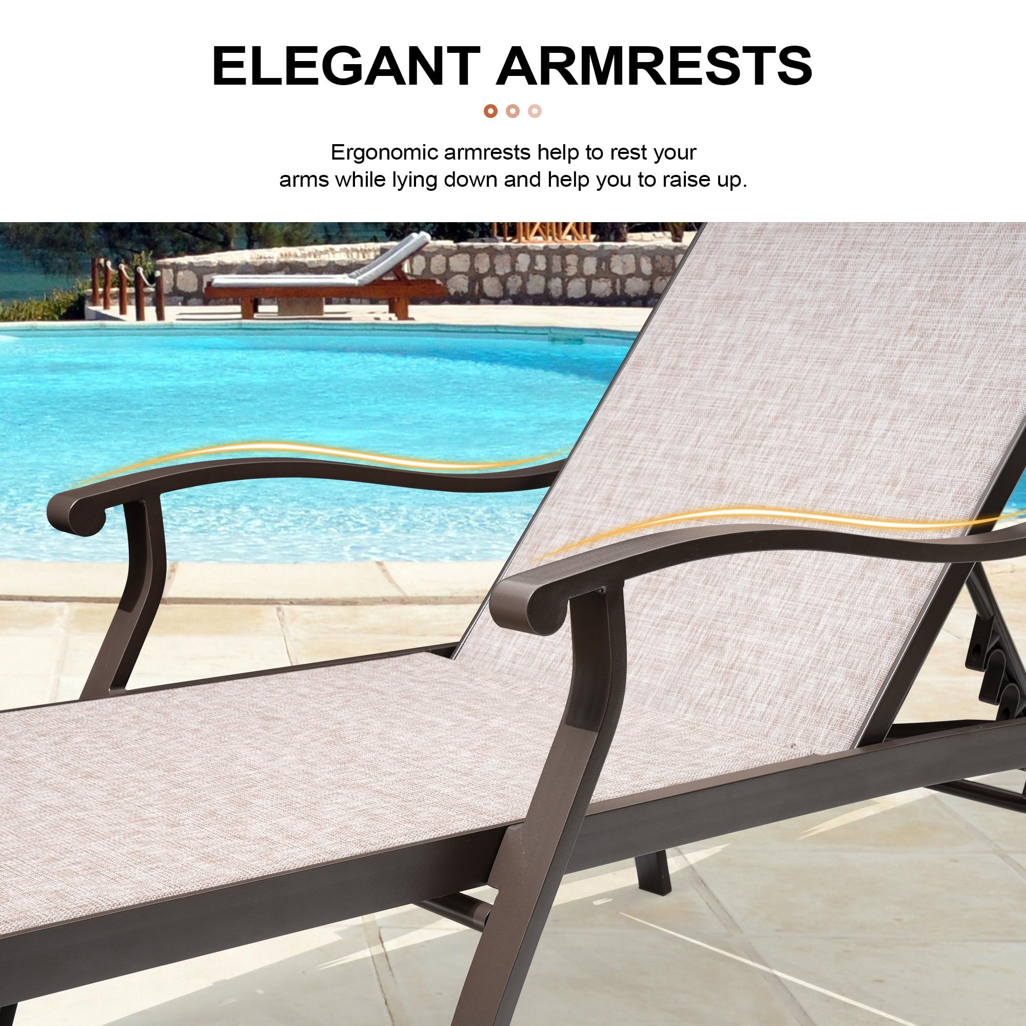 Beige Aluminum Outdoor Chaise Lounge with Armrests, Set of 2