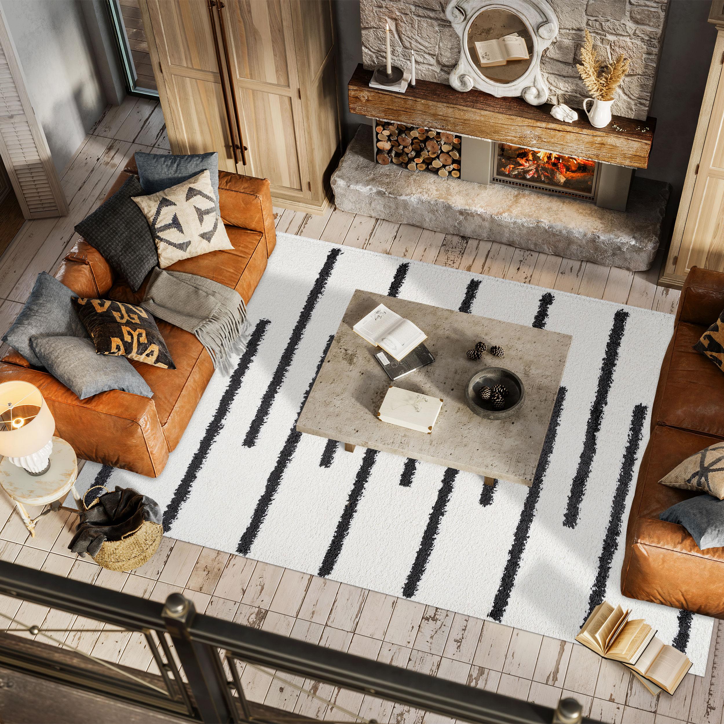 3'x5' Alaro Berber Stripe Shag Area Rug, White/Black - JONATHAN Y