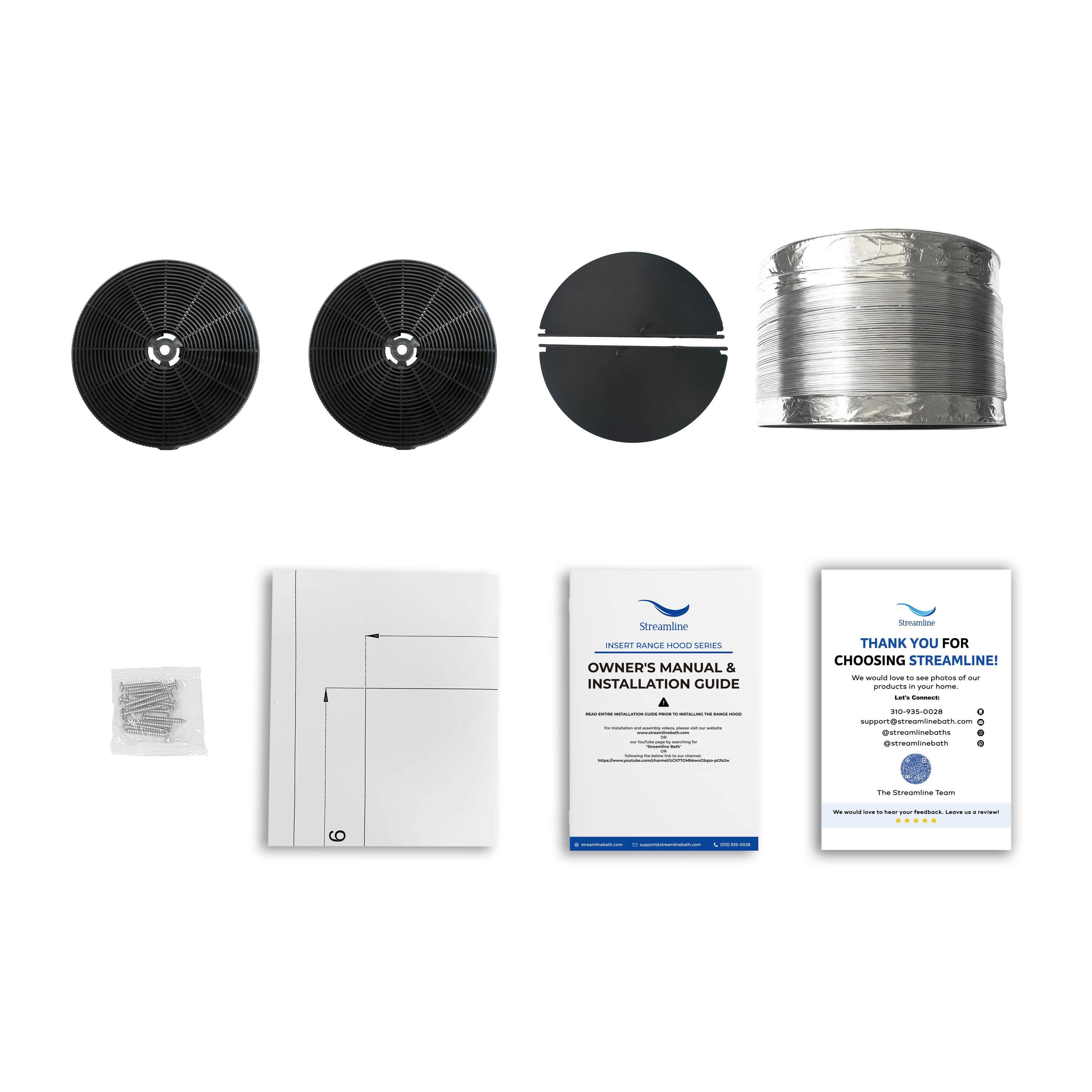 Streamline Bath Streamline 28 In. T-4267-1-CL Belsito Convertible Insert 350 CFM Range Hood In Brushed Stainless Steel With Baffle Filters, Electronic Button Control, LED Light T-4267-1-CL