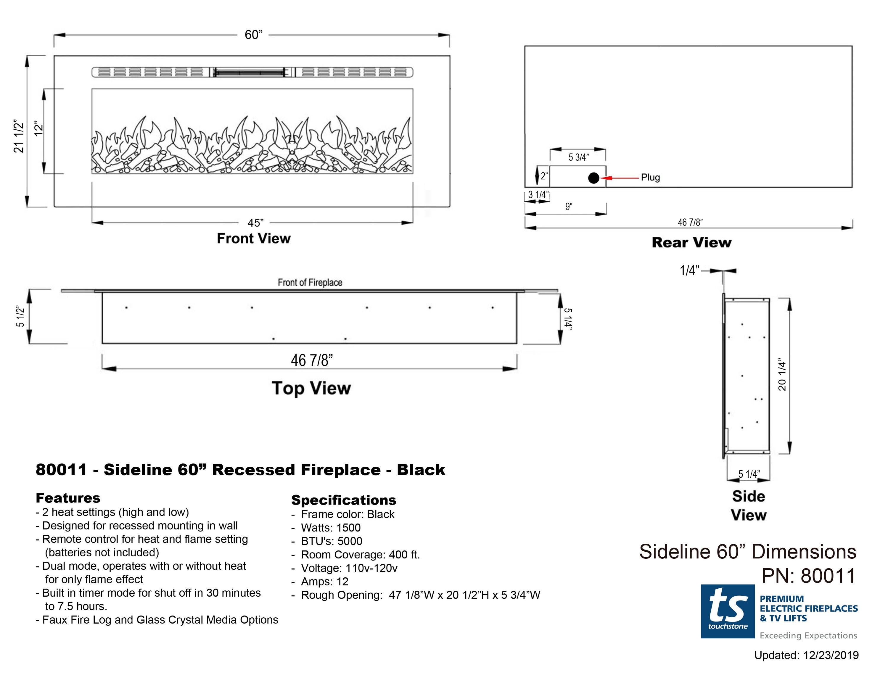 Touchstone The Sideline Electric Fireplace for Recessed or Wall Mount Installation