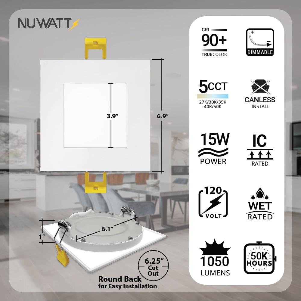 NUWATT 6 Pack 6 Inch Square Ultra-Thin LED Recessed Lighting, Selectable 2700K/3000K/3500K/4000K/5000K, High Brightness 1050 Lumens Dimmable, White Canless Slim Wafer Light, IC Rated, Metal J-Box