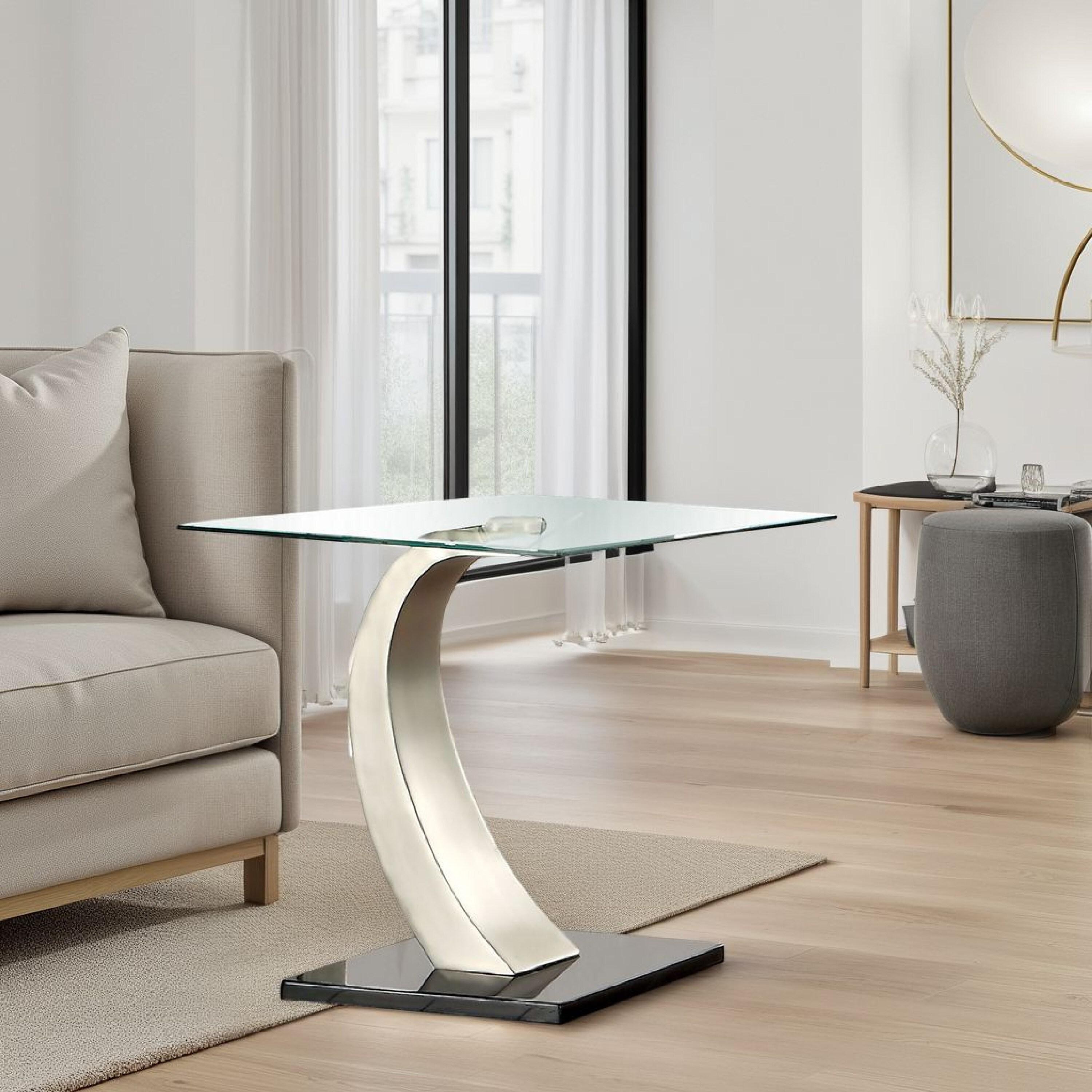 Bowery Hill End Table Coffee Accent Table Square in Glass Top and Steel - Silver