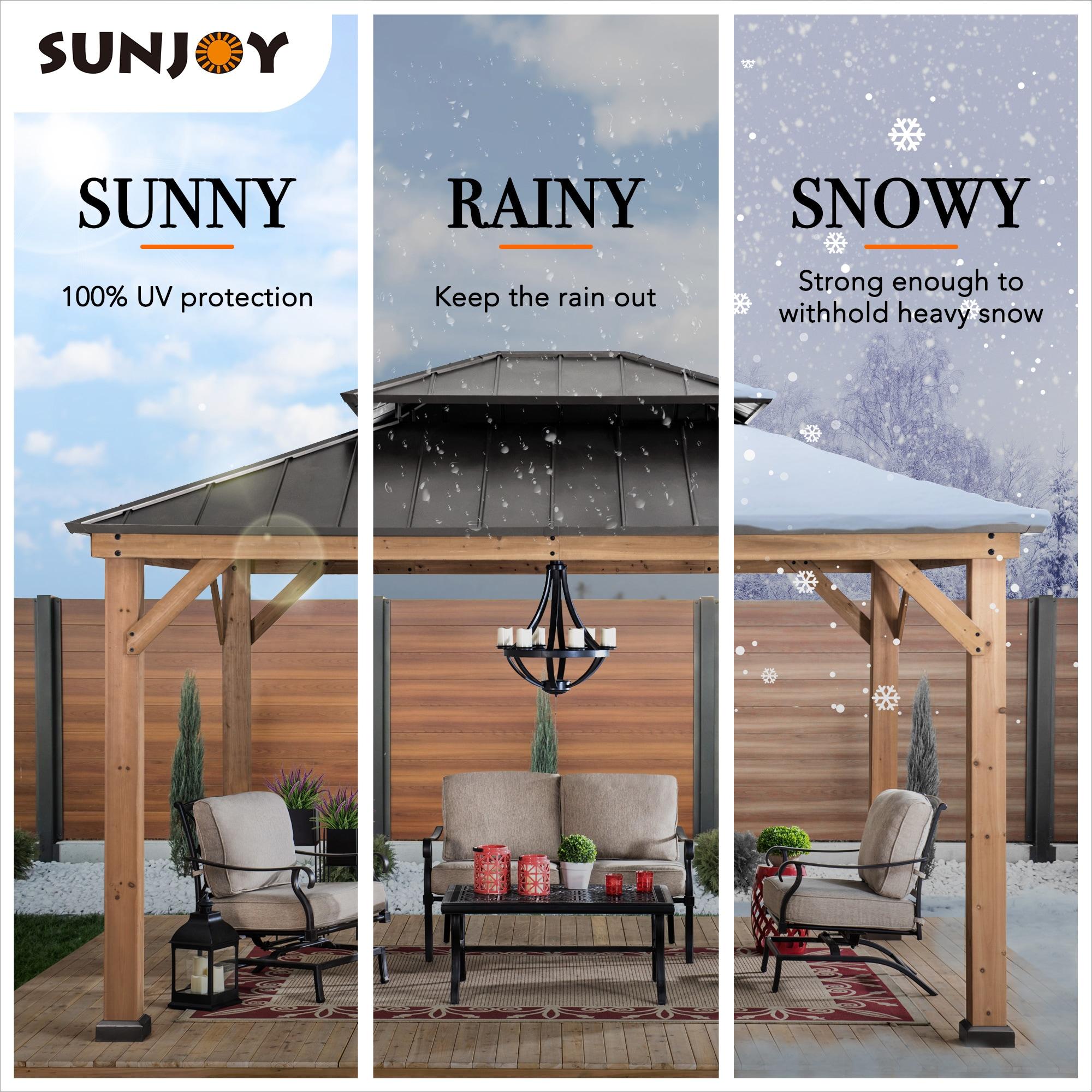 Sunjoy Wood Gazebo Cedar Framed Gaezbos with Black Double Steel Hardtop Roof for Garden,