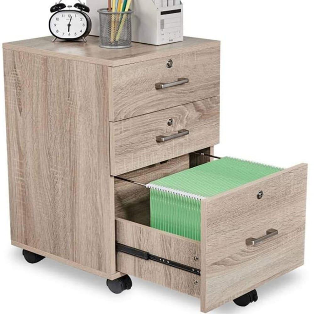 Ktaxon 3-Drawer Rolling Wood File Cabinet with Lock, Portable Vertical Mobile Wooden Storage, Business Filing Cabinet for Home Office,Oak