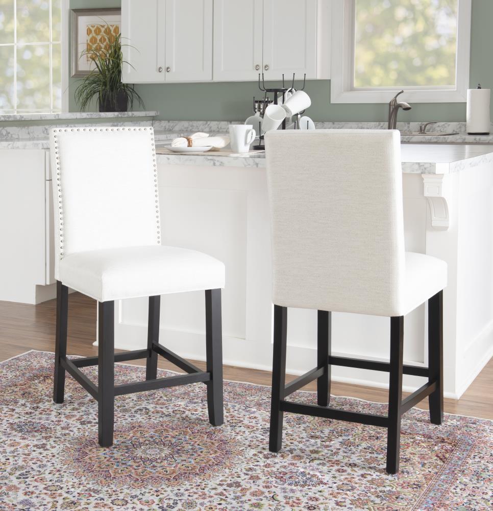 Linon 24" Stewart Padded Back and Seat Faux Leather Upholstered Counter Height Barstool - Glitz White: Elegant Nailhead Trim, Wood Legs