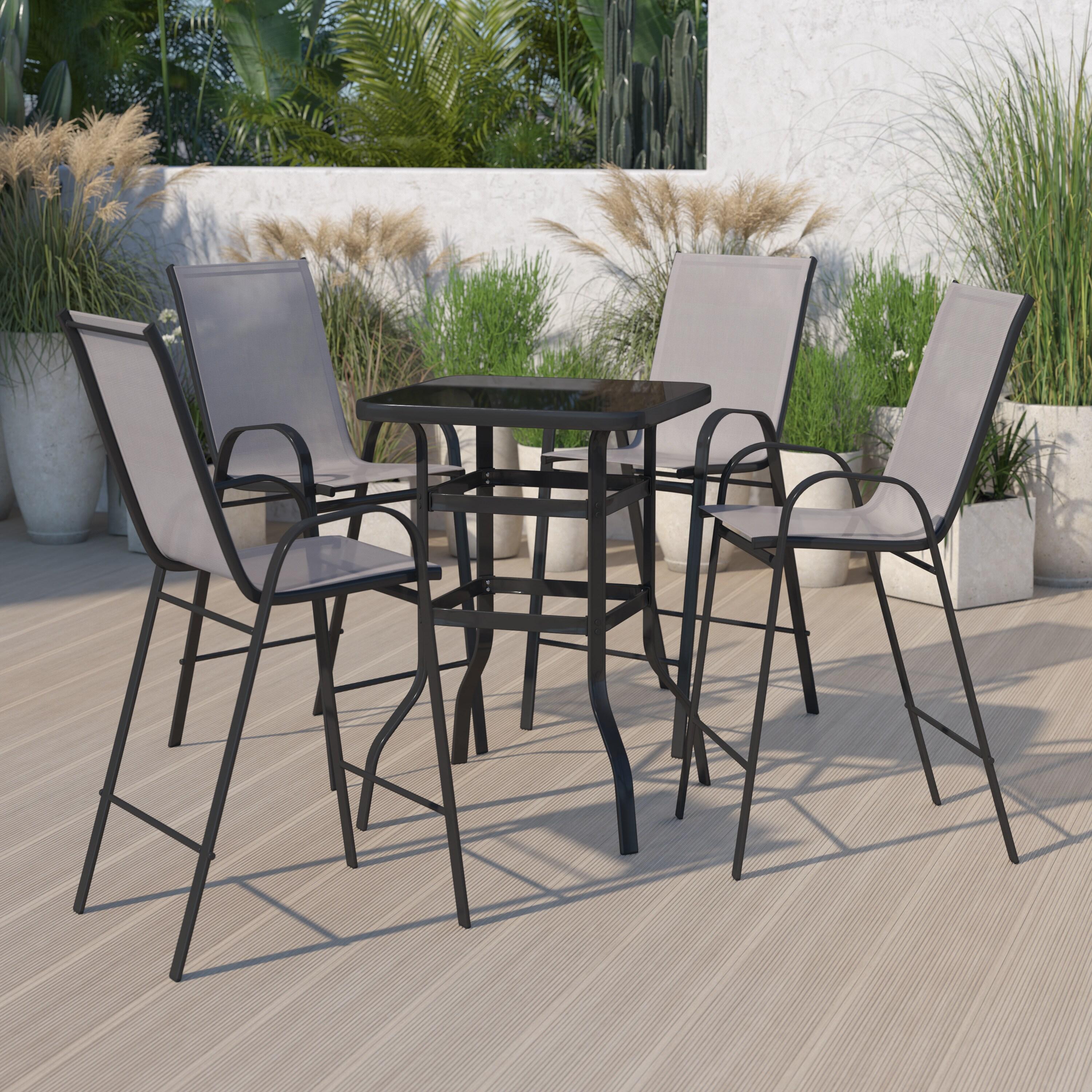 Flash Furniture Outdoor Dining Set - 4-Person Bistro Set - Outdoor Glass Bar Table with Gray All-Weather Patio Stools