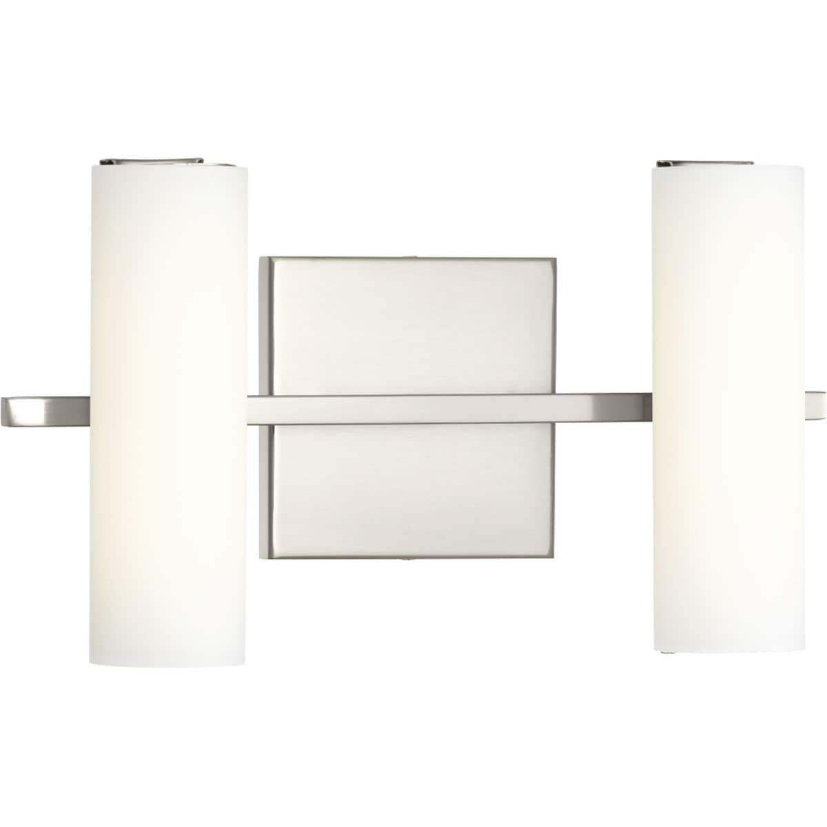 Progress Lighting Colonnade 2-Light LED Bath Vanity in Brushed Nickel with Tubular Etched Glass Shades