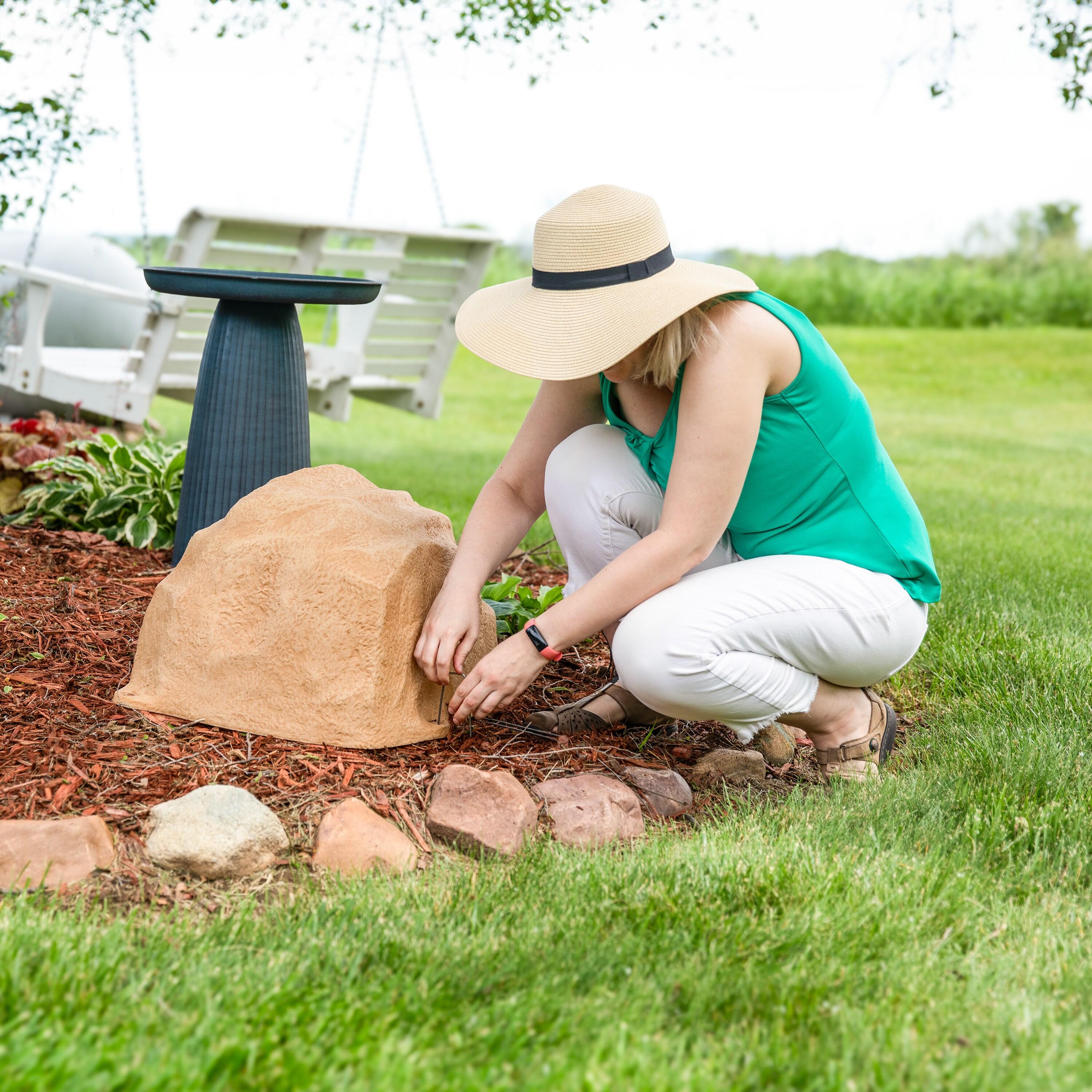 Sunnydaze Outdoor Low-Profile Polyresin Landscape Rock Septic Cover with Stakes - Sand - 14"