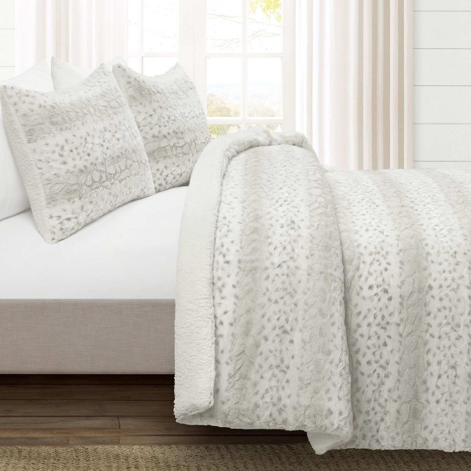 Leopard Textured Faux Fur Comforter Gray 3Pc Set Full/Queen
