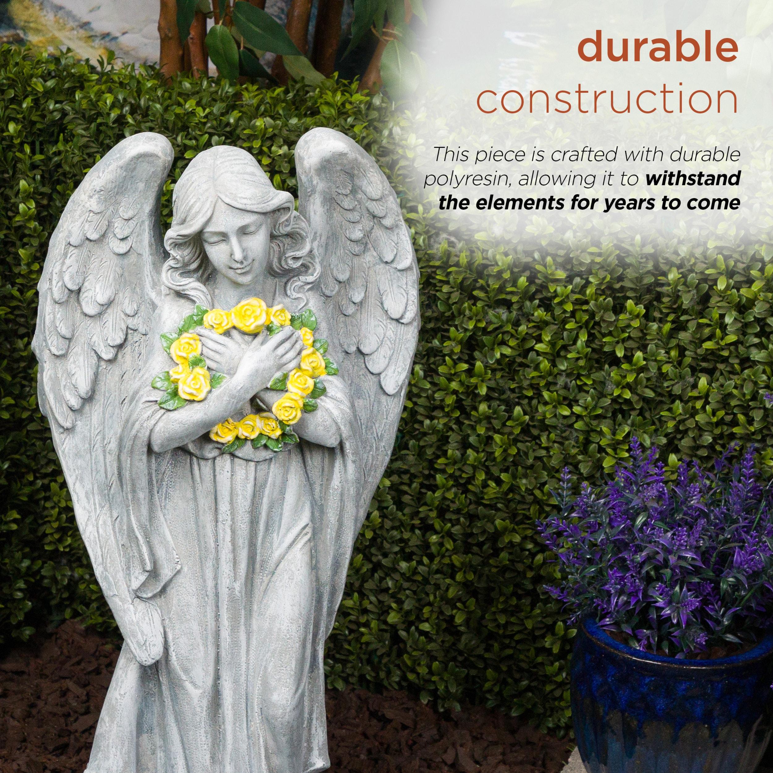 Alpine Corporation 29"H Angel with Yellow Flower Wreath Garden Statue