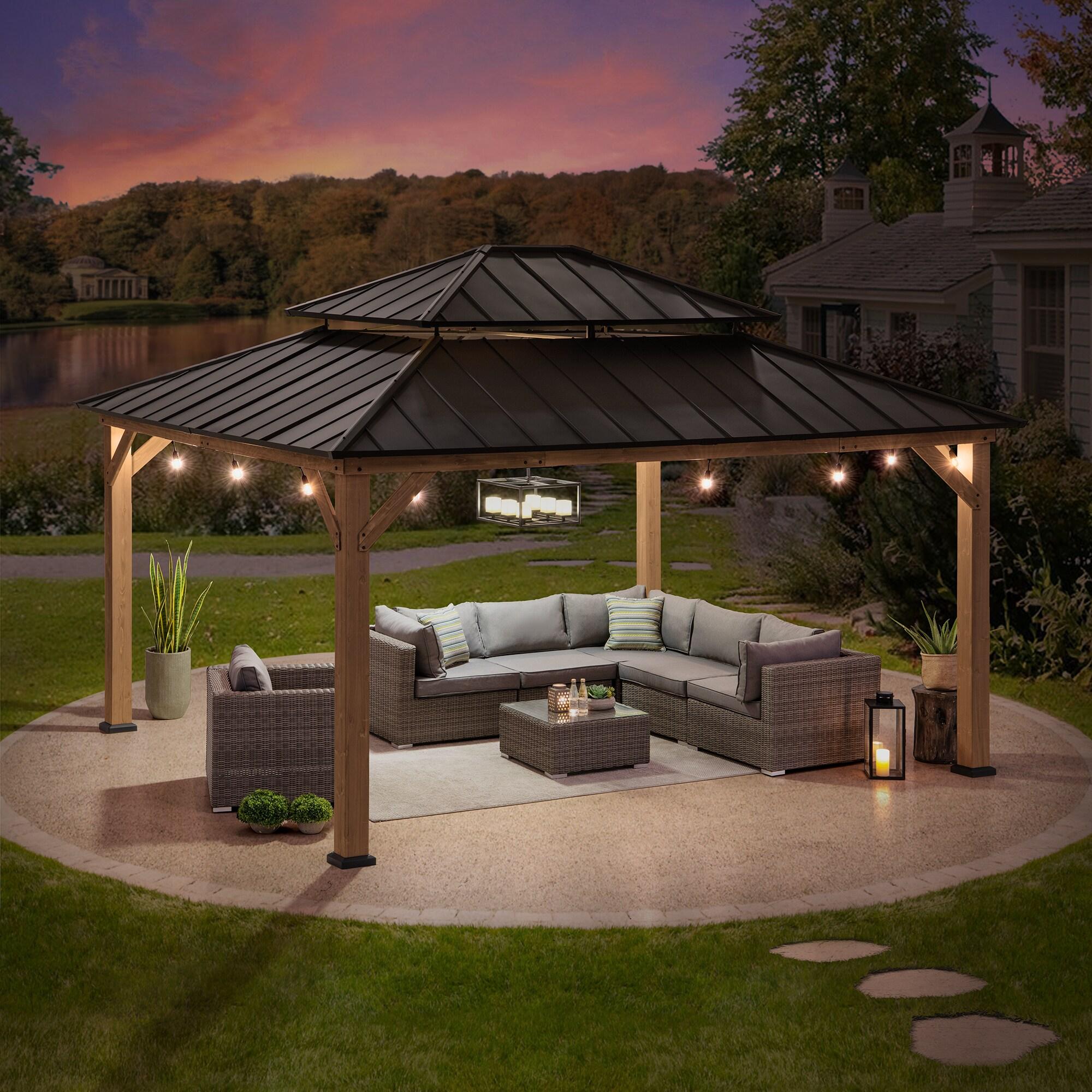 Sunjoy Sunjoy 13 x 15 ft. Wood Gazebo, Outdoor Patio Steel Hardtop Gazebo, Cedar Framed Wooden Gazebo with 2-Tier Metal Roof, Suitable for Patios, Lawn and Backyard