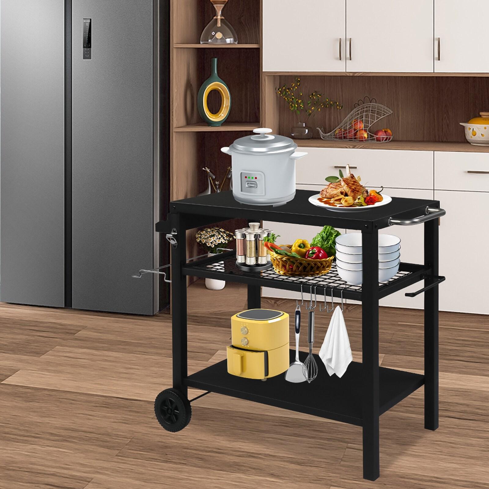 Ktaxon Grill Cart Grill Table Movable Dining Cart Preparation Work Table w/ Wheels & Hooks, Black