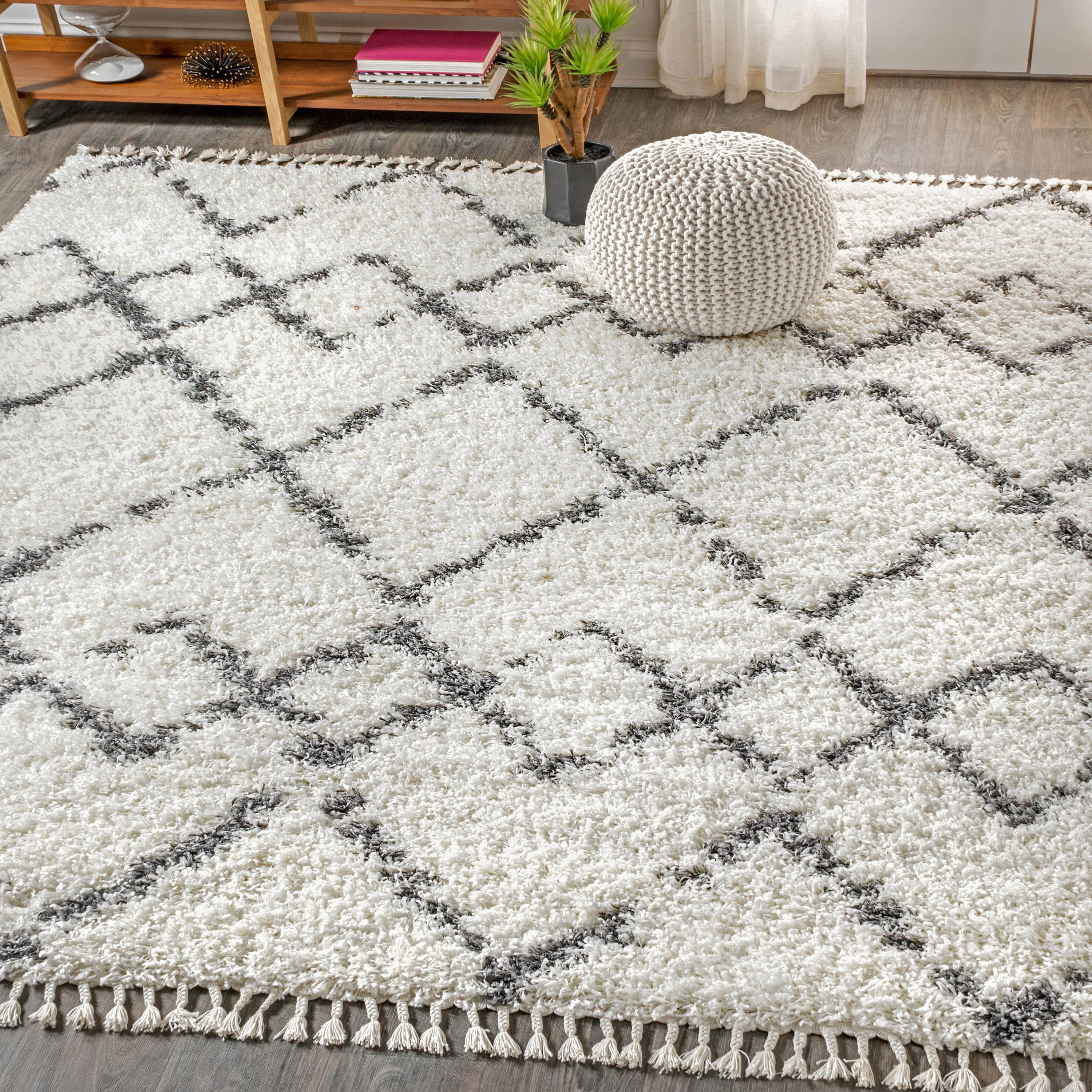 8'x10' Mercer Shag Plush Tassel Moroccan Geometric Trellis Area Rug, Cream/Grey - JONATHAN Y