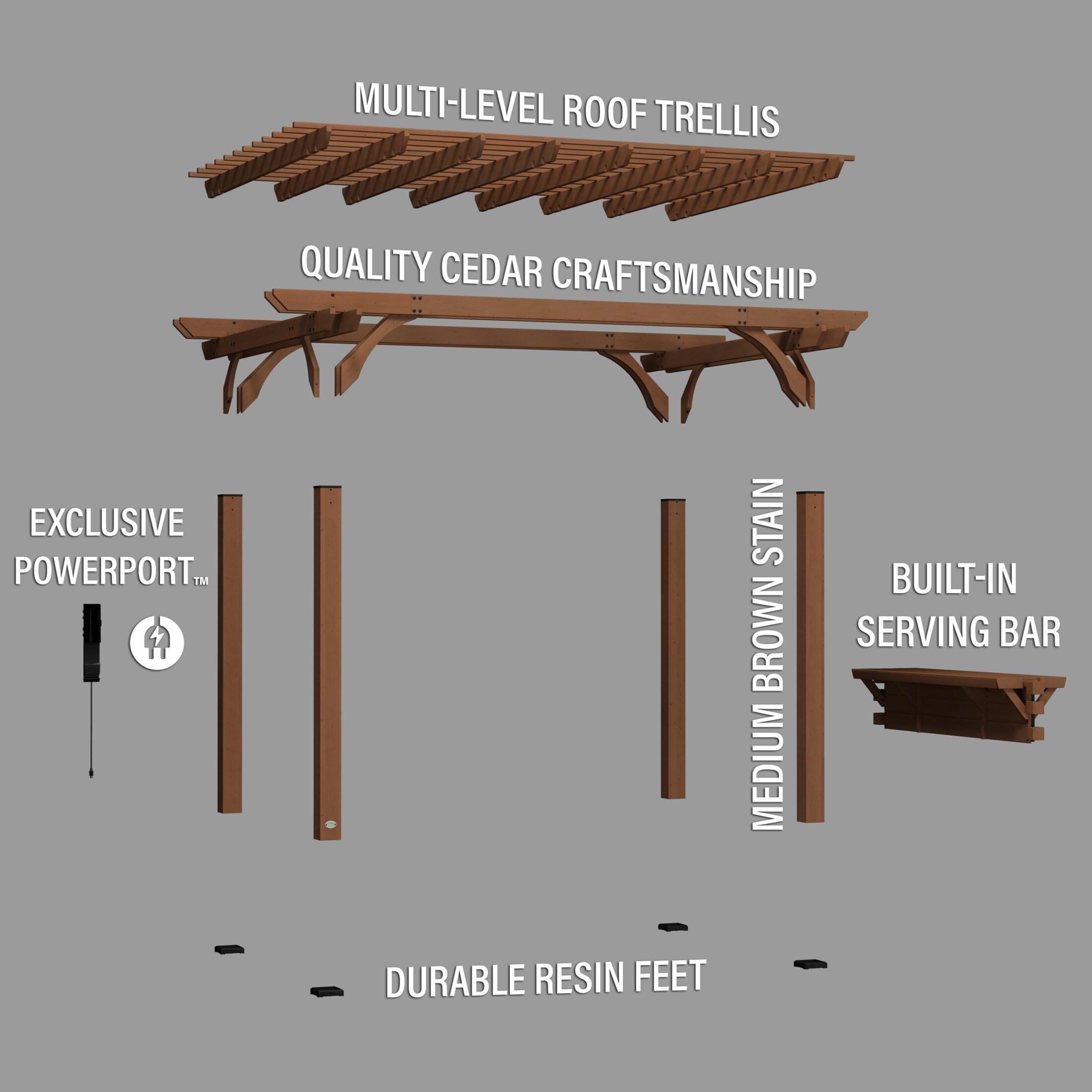 Ashland 14 ft x 10 ft Brown Cedar Wood Outdoor Pergola with Bar