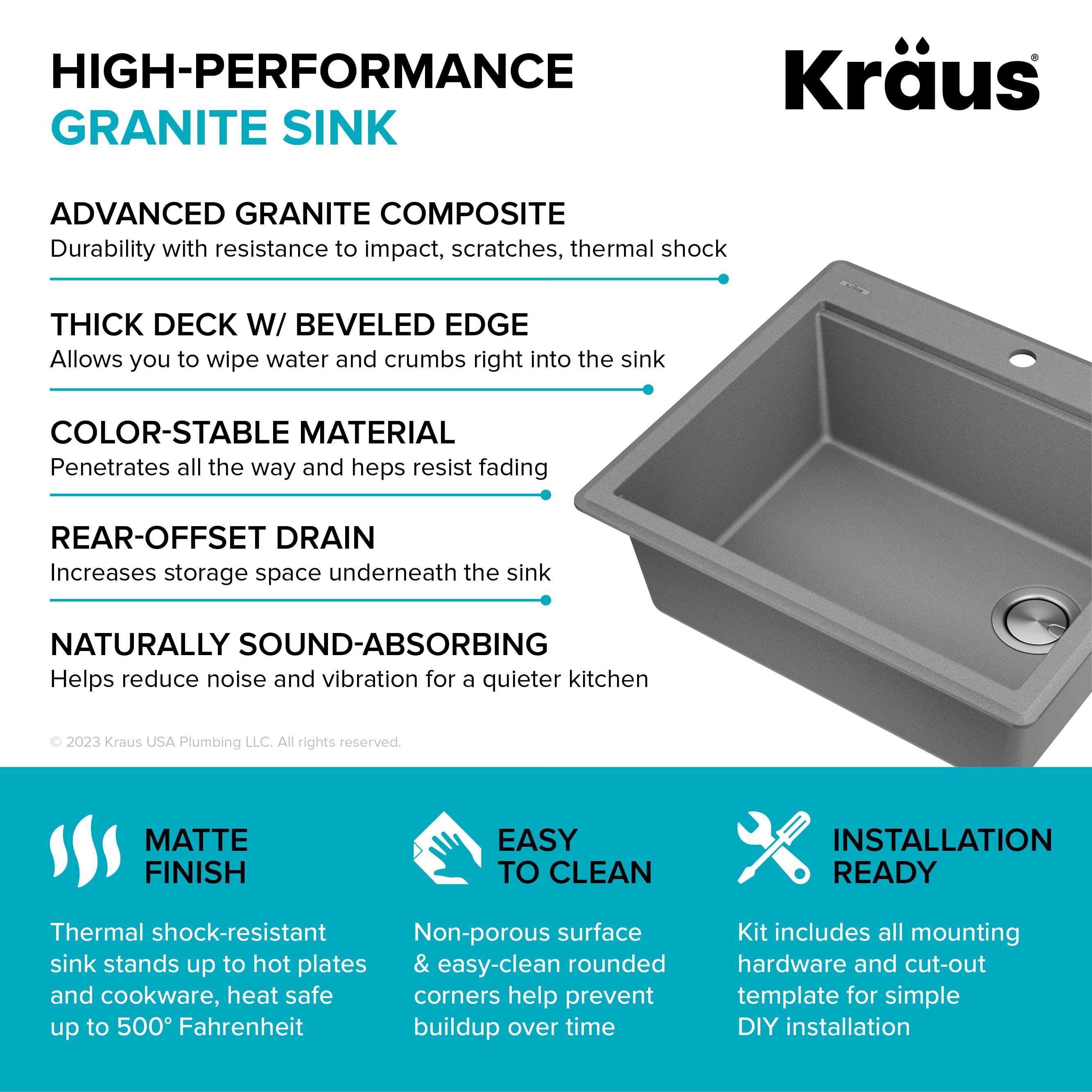 Kraus KGTW12-25MGR KRAUS Bellucci Granite Composite Workstation Drop-In Top Mount Single Bowl Kitchen Sink with Accessories