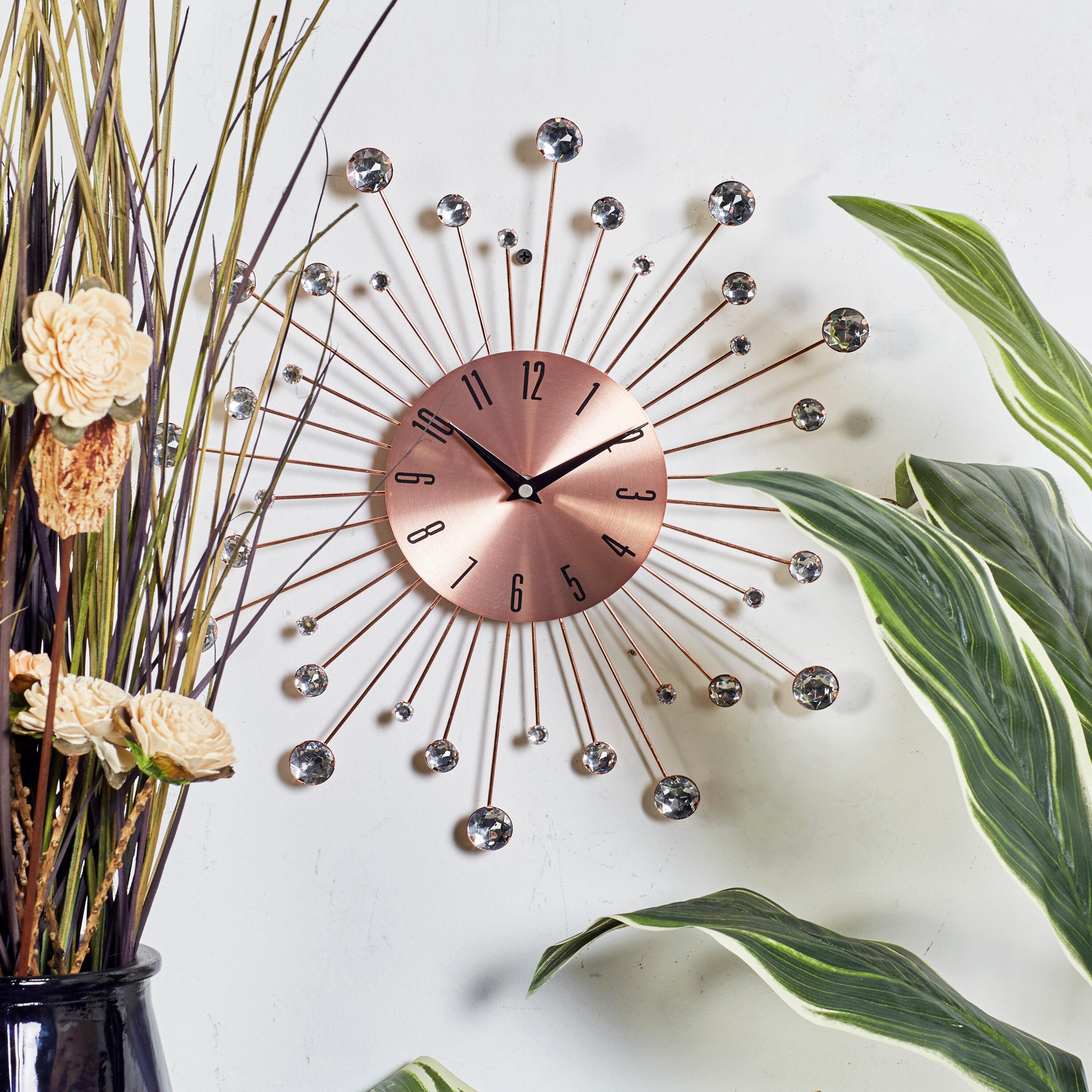 15"x15" Metal Starburst Wall Clock with Crystal Accents Copper - Olivia & May