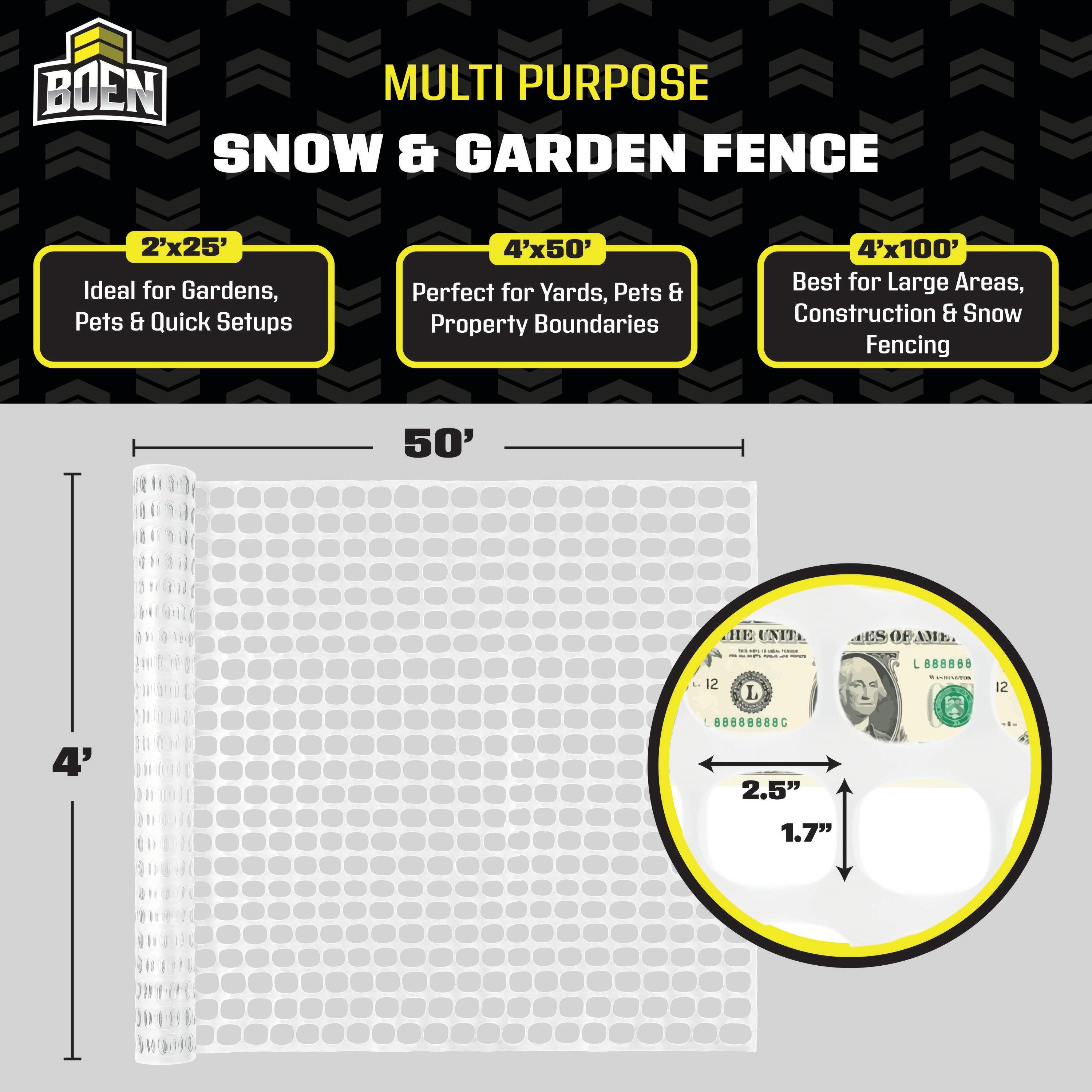 BOEN 4' x 50' White Temporary Fencing, Mesh Snow Fence, Plastic, Safety Garden Netting, Above Ground Barrier, for Deer, Kids, Swimming Pool, Silt, Lawn, Rabbits, Poultry, Dogs