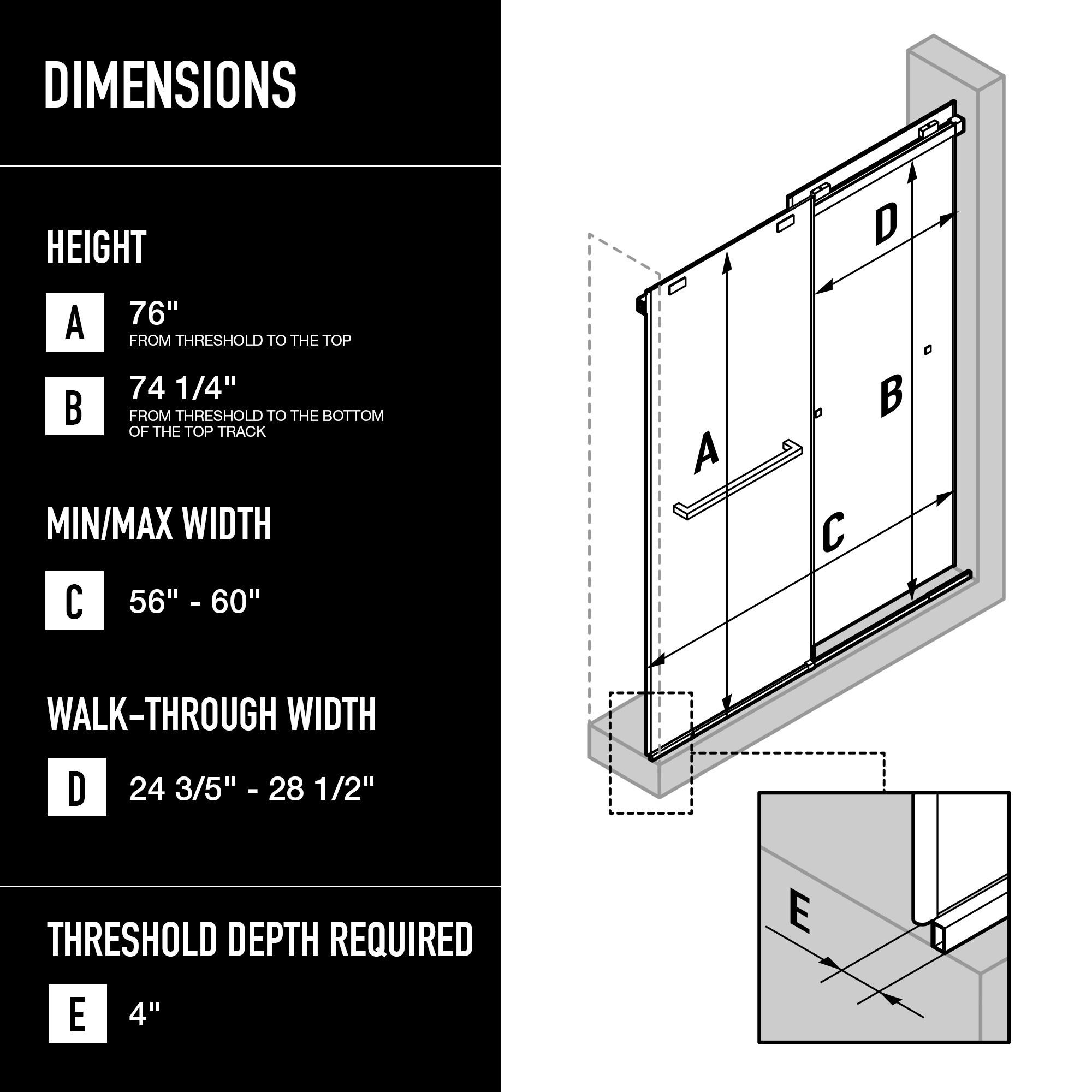 Houston 56-60" W x 76" H Sliding Frameless Shower Door with 3/8" Clear Glass