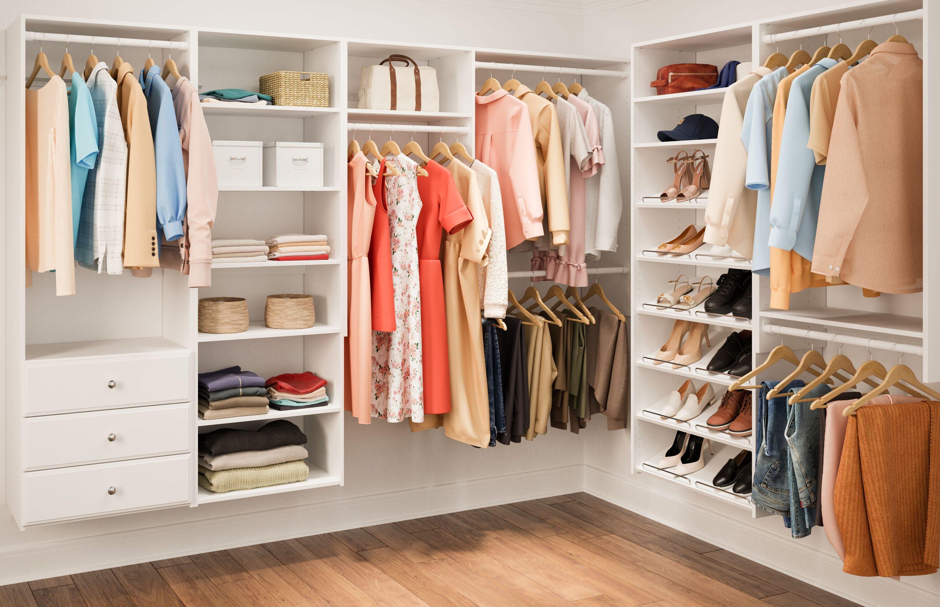 White Composite Wood Hanging Closet Organizer with Shelves and Rods