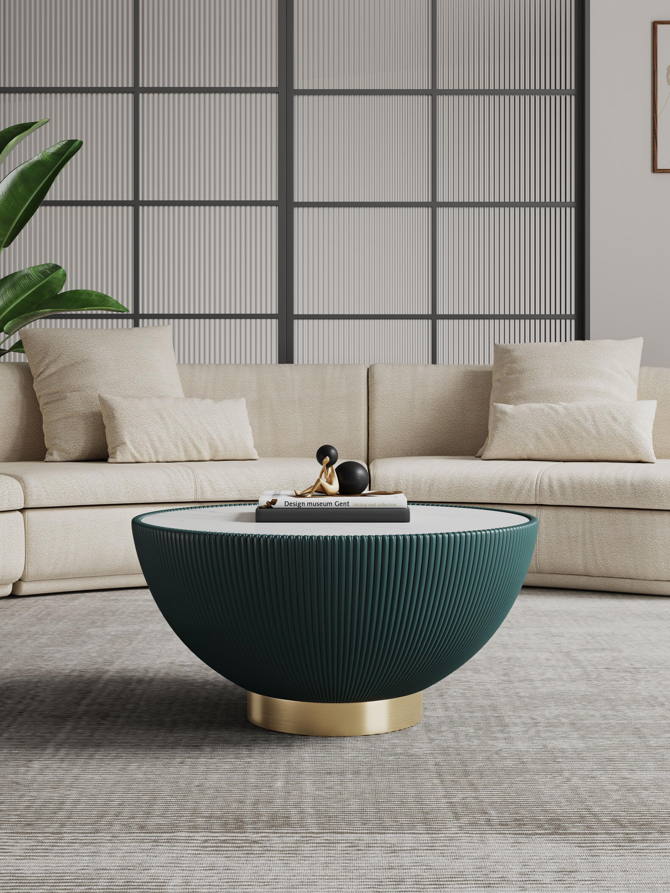 Anderson Green Faux Marble Leatherette Round Coffee Table with Gold Base