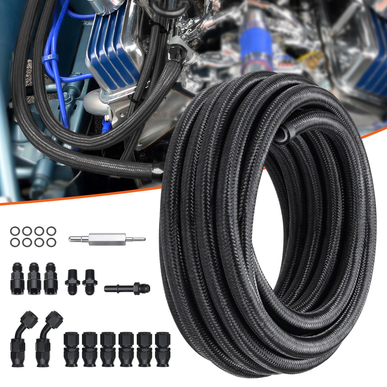 6AN Fuel Line Kit, 25 FT Fuel Hose Kit, 5/16" Nylon Stainless Steel Braided PTFE Fuel Line Kit, E85/Oil/Gas/Diesel Hose End Fitting Kit, with 15 PCS Swivel Fitting Adapter