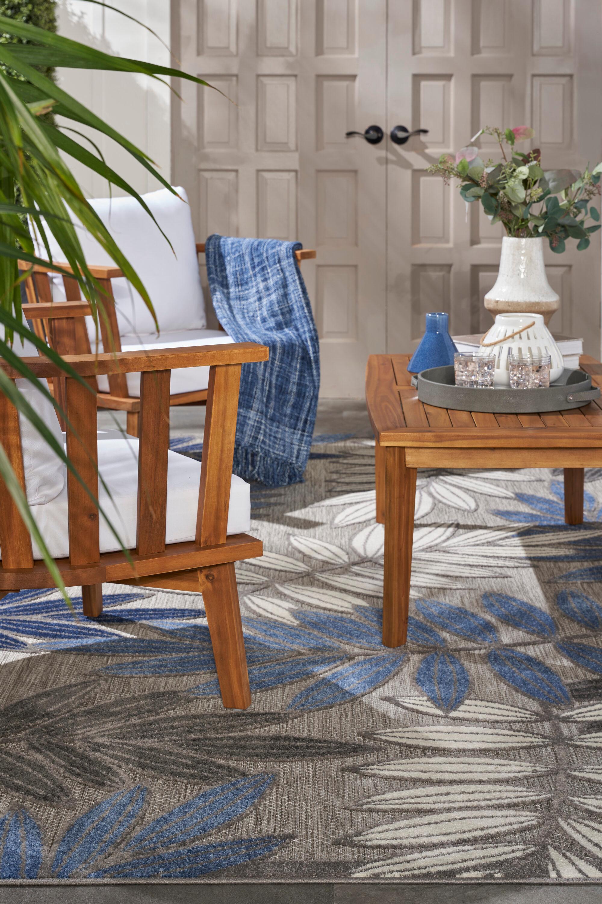 Nourison Aloha Floral Leaf Flatweave High-Low Indoor Outdoor Area Rug Grey/Blue 3'6" x 5'6"