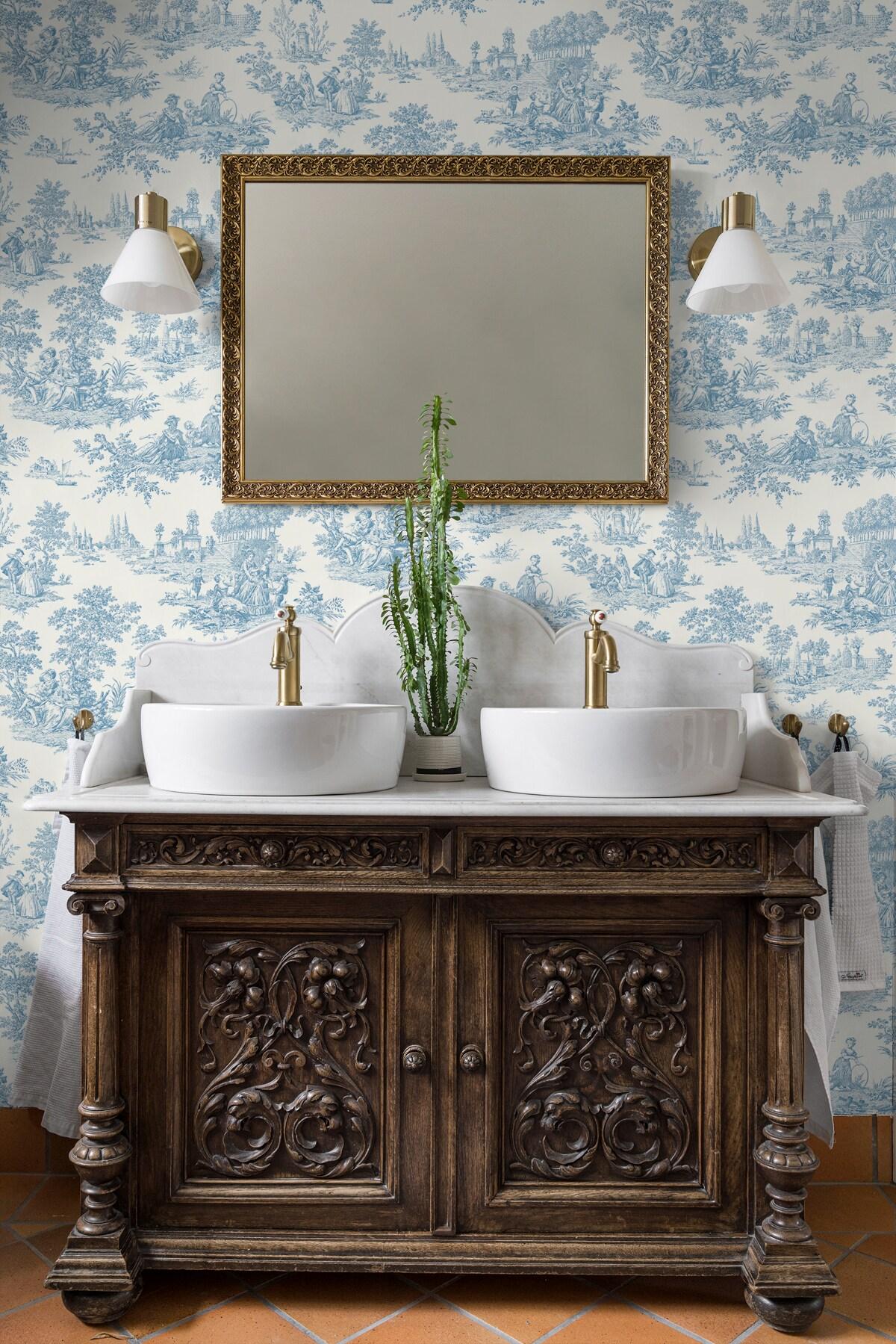 NextWall Chateau Toile Peel and Stick Wallpaper Blue: Removable Vinyl, Self-Adhesive, Traditional Toile Design, 30.75 Sq Ft Coverage