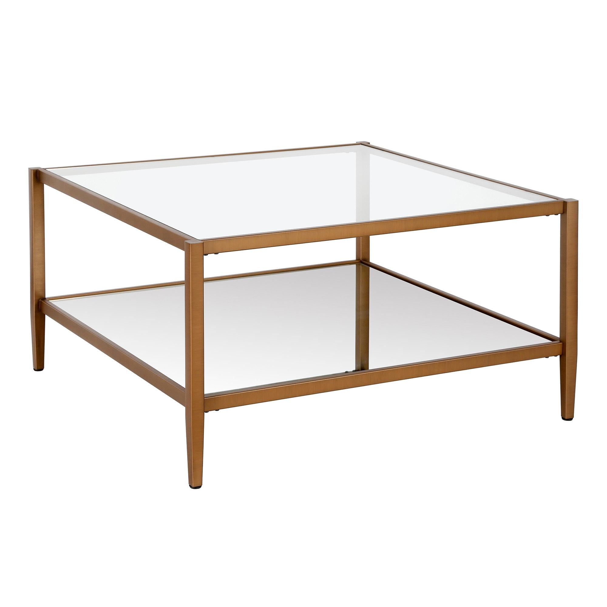 Hera Antique Brass 32" Square Coffee Table with Mirrored Shelf