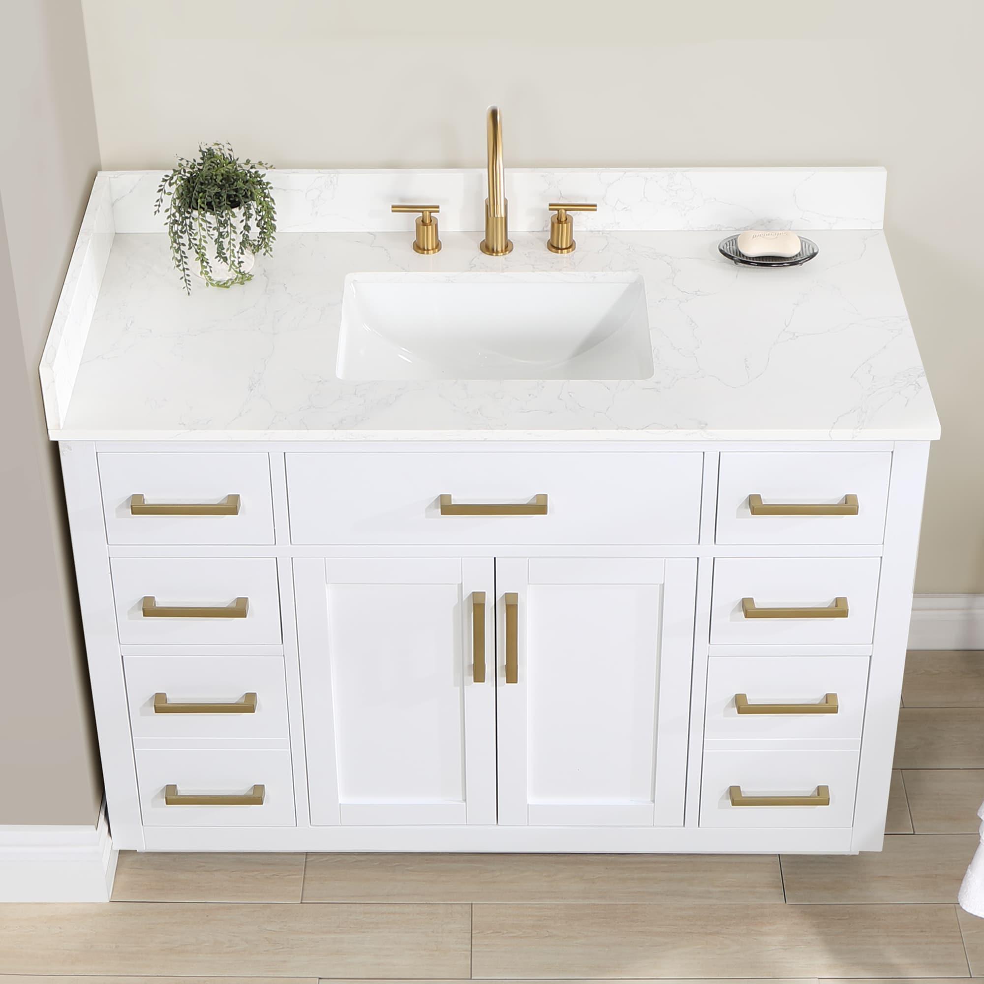 Gavino 48" Wood Vanity in White with Grain White Composite Stone Top and Mirror