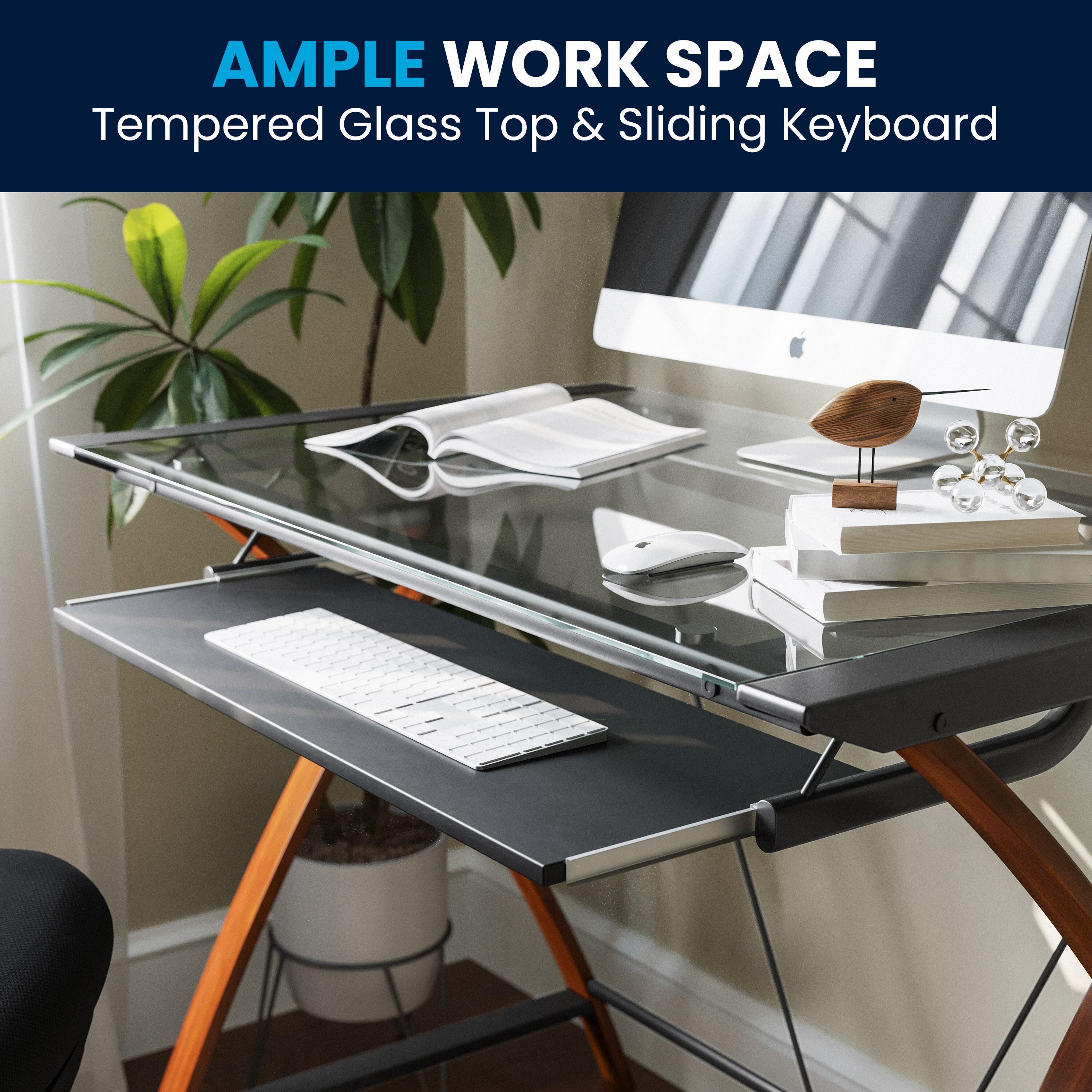 Flash Furniture Jude Tempered Glass Computer Desk with Pull-Out Keyboard Tray, Cherry/Clear