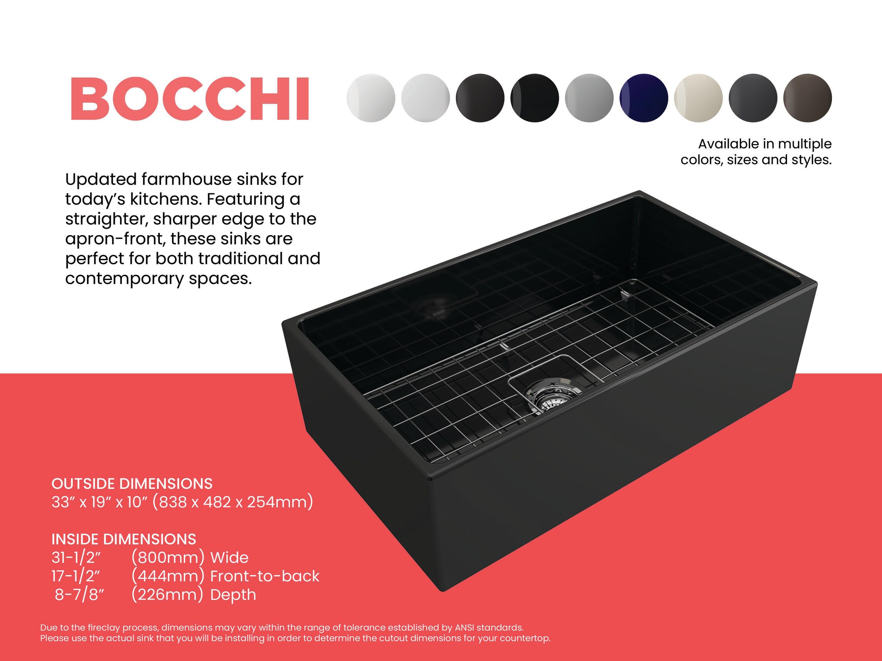 BOCCHI Contempo Farmhouse Apron Front Fireclay 33 in. Single Bowl Kitchen Sink with Protective Bottom Grid and Strainer in Matte Gray