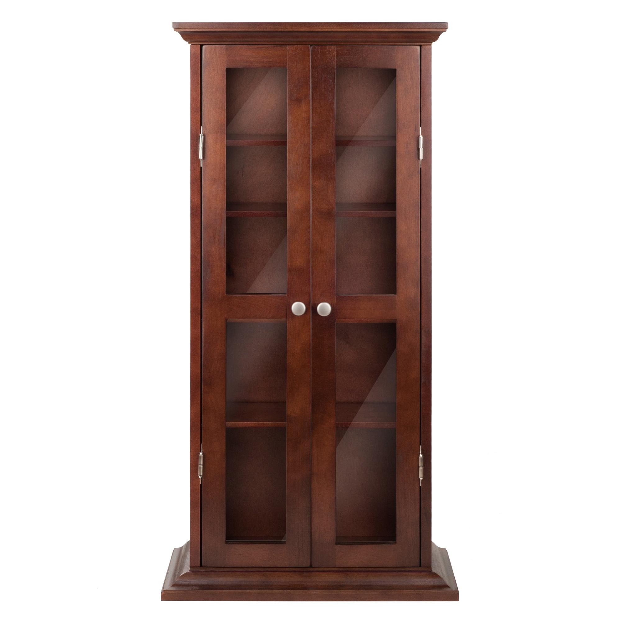 Dvd-Cd Cabinet - Antique Walnut - Winsome: Multimedia Storage, Glass Doors, 5 Adjustable Shelves