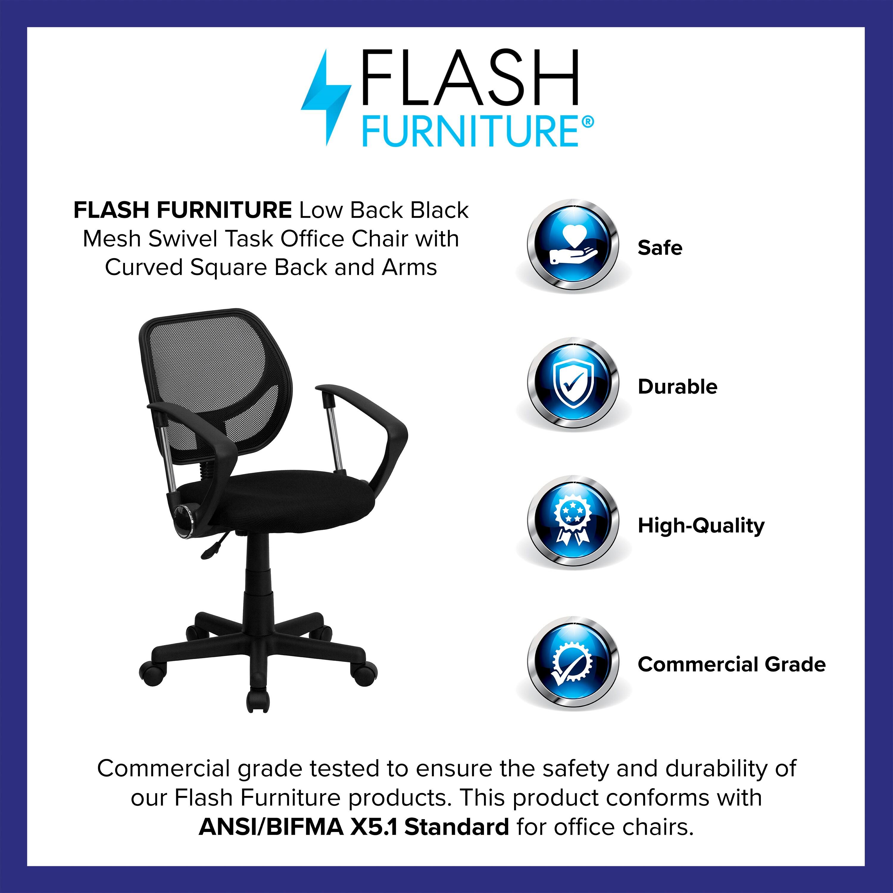 Flash Furniture Low Back Black Mesh Swivel Task Office Chair with Curved Square Back and Arms
