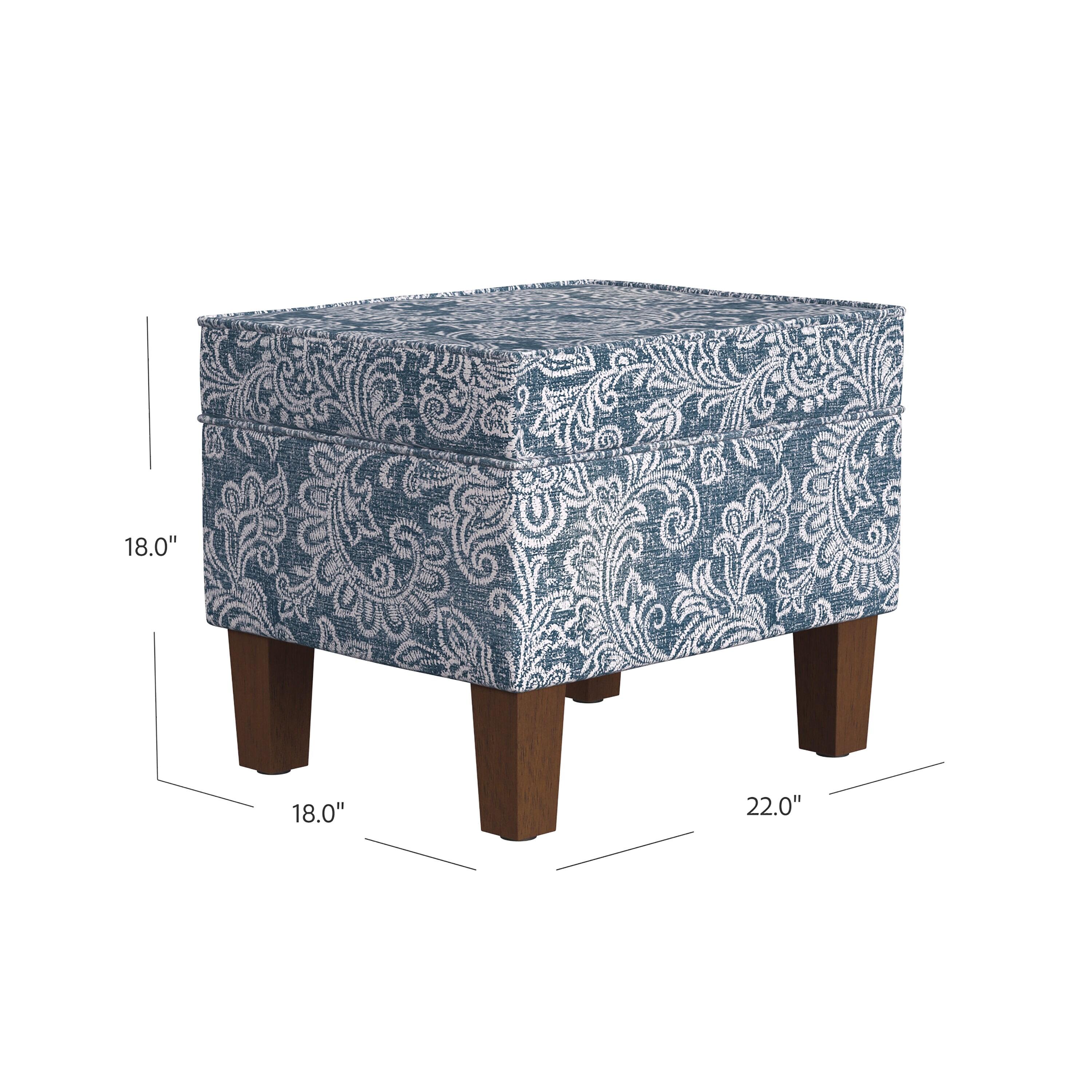 Medium Storage Ottoman Denim - HomePop: Upholstered Footstool, Botanical Pattern, Hardwood Frame