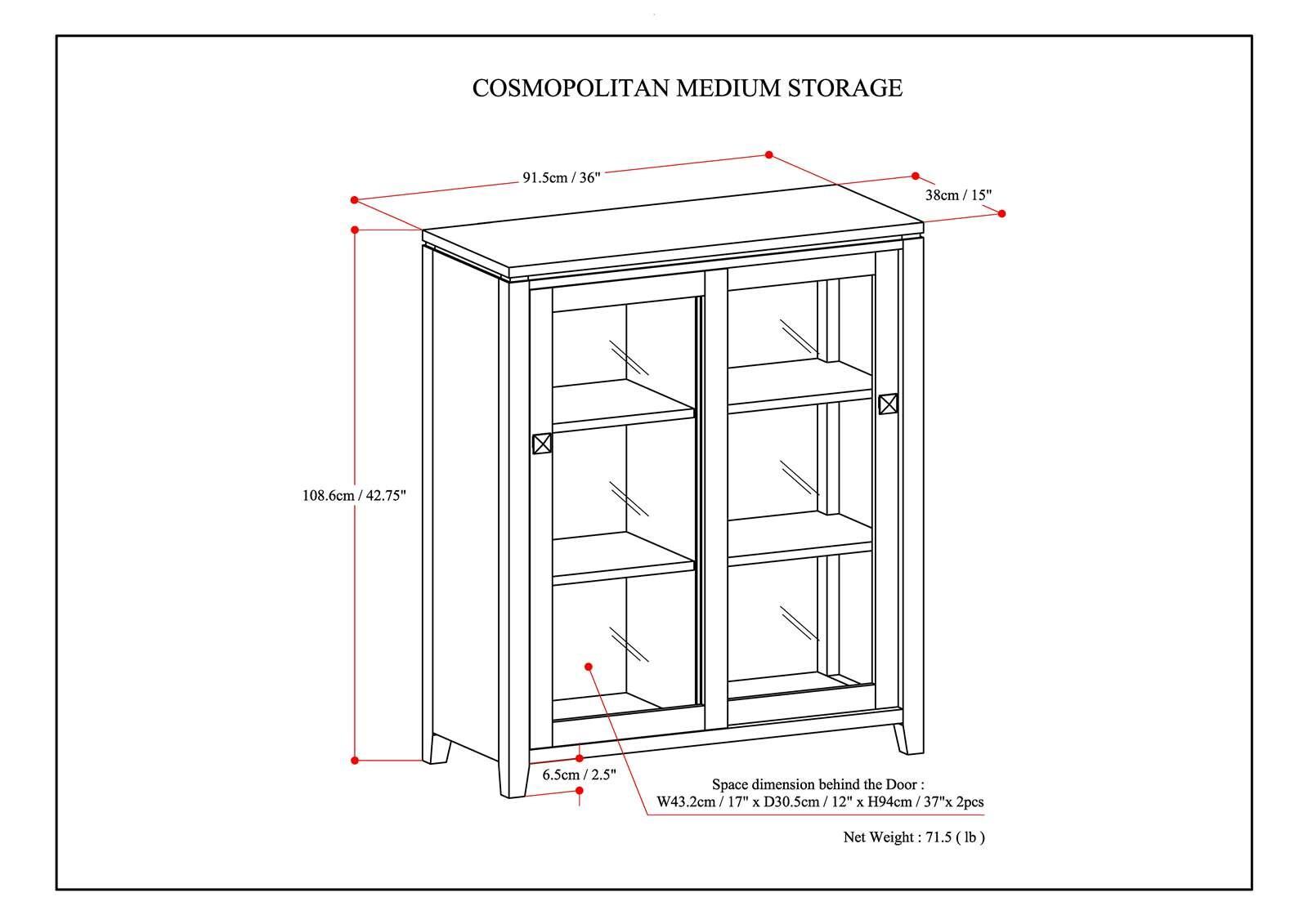 Simpli Home Cosmopolitan 36"W Solid Wood 4-Shelf Contemporary Medium Storage Cabinet with Sliding Glass Doors