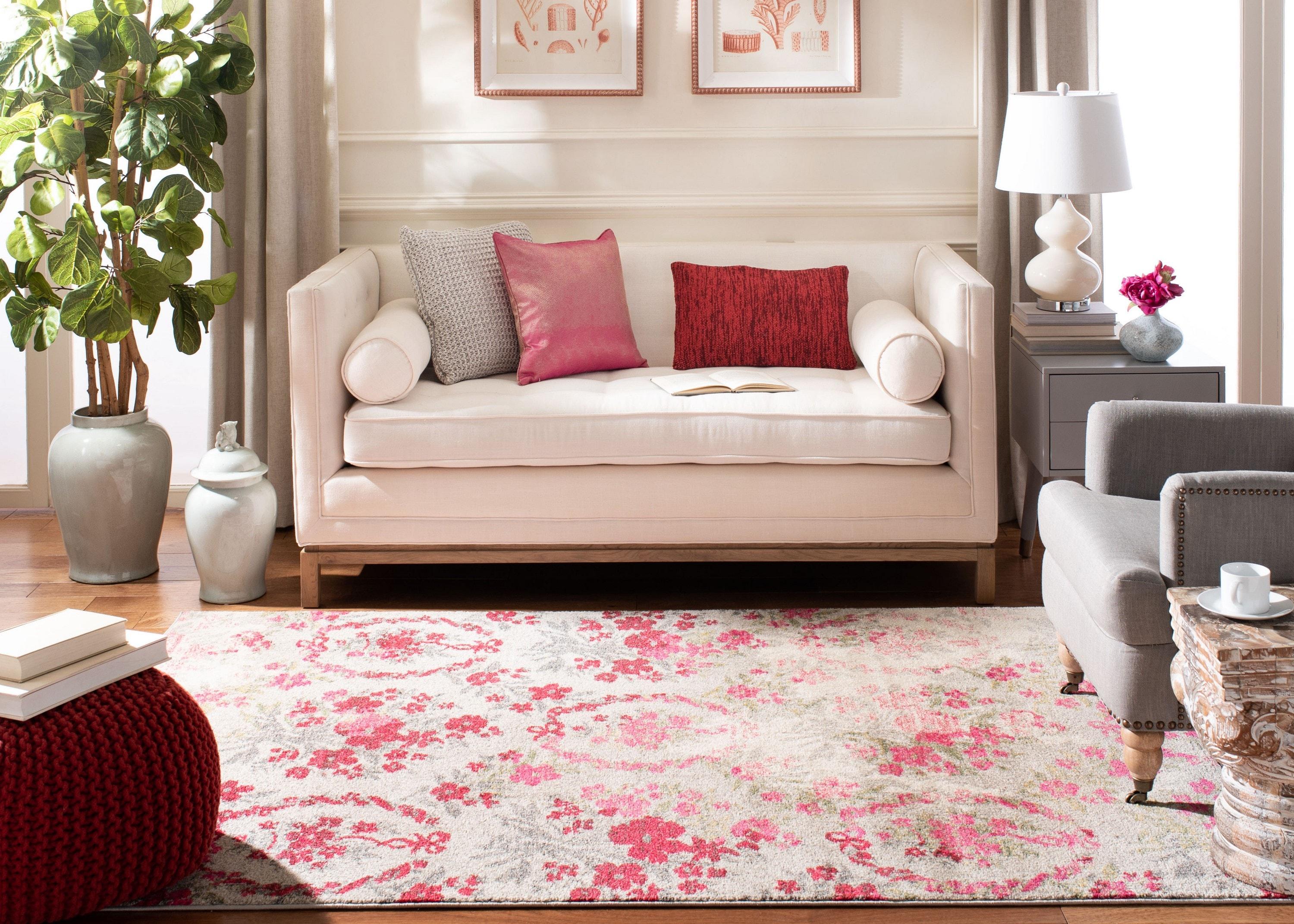 SAFAVIEH Monaco Cyan Floral Area Rug, Ivory/Pink, 9' x 12'