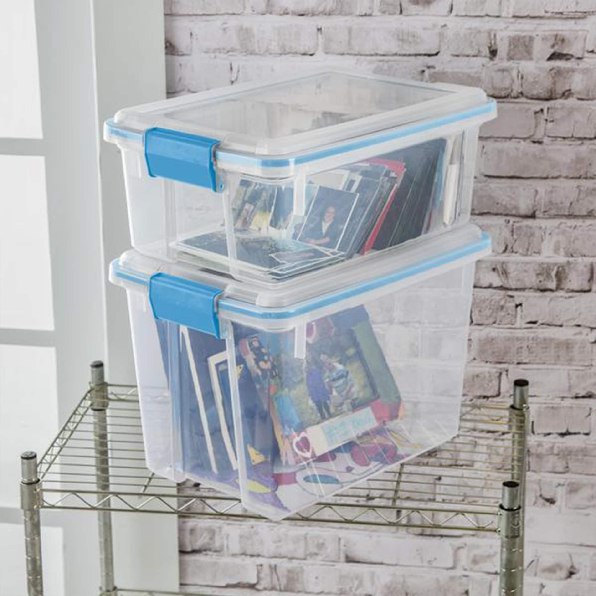 Sterilite 12 Qt Gasket Box, Stackable Storage Bin with Latching Lid and Tight Seal Plastic Container to Organize Basement, Clear Base and Lid, 12-Pack