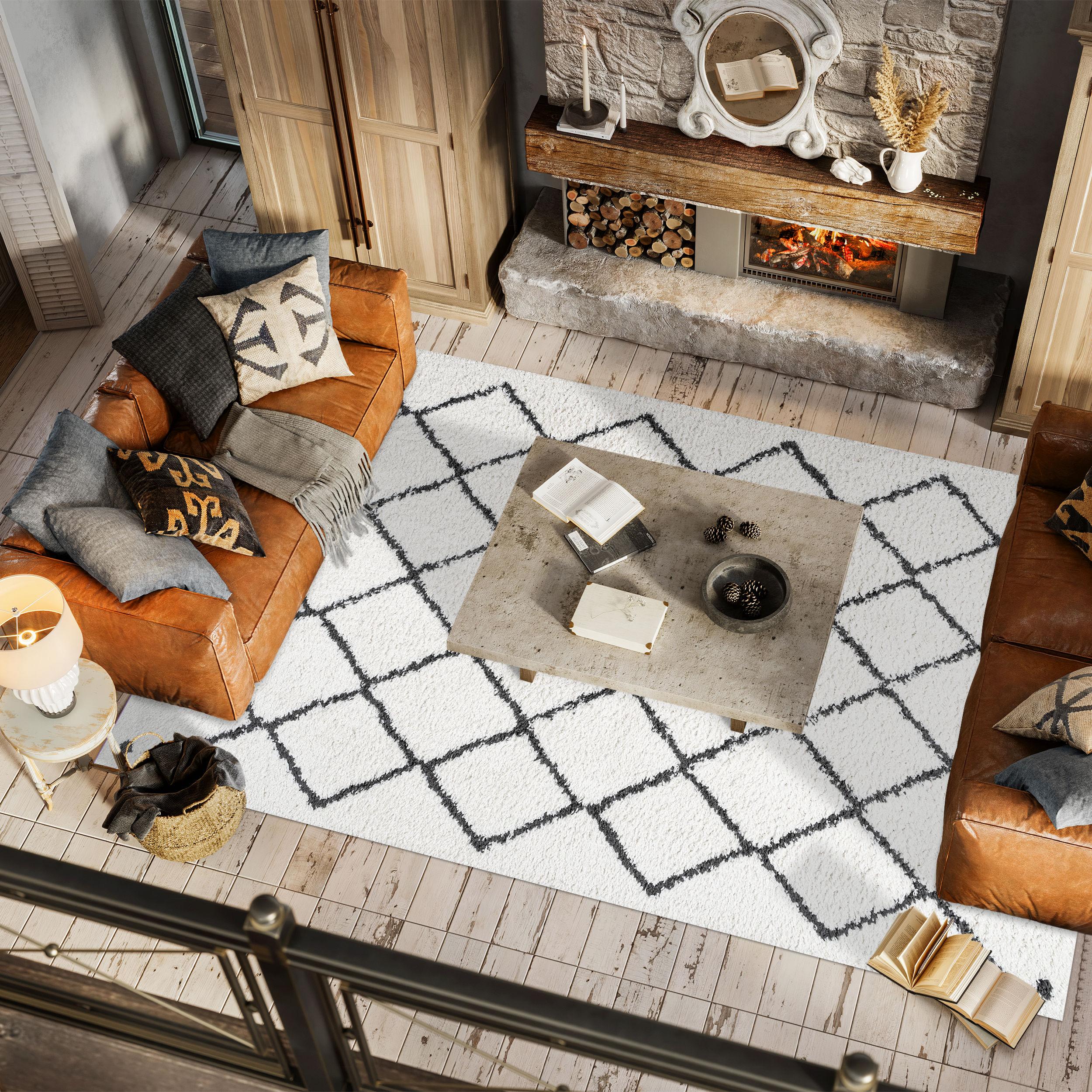 5'x8' Cami Moroccan Style Diamond Shag Area Rug, White - JONATHAN Y