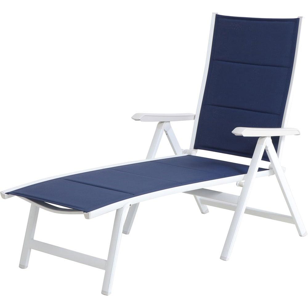 Navy and White Padded Sling Folding Outdoor Chaise Lounge