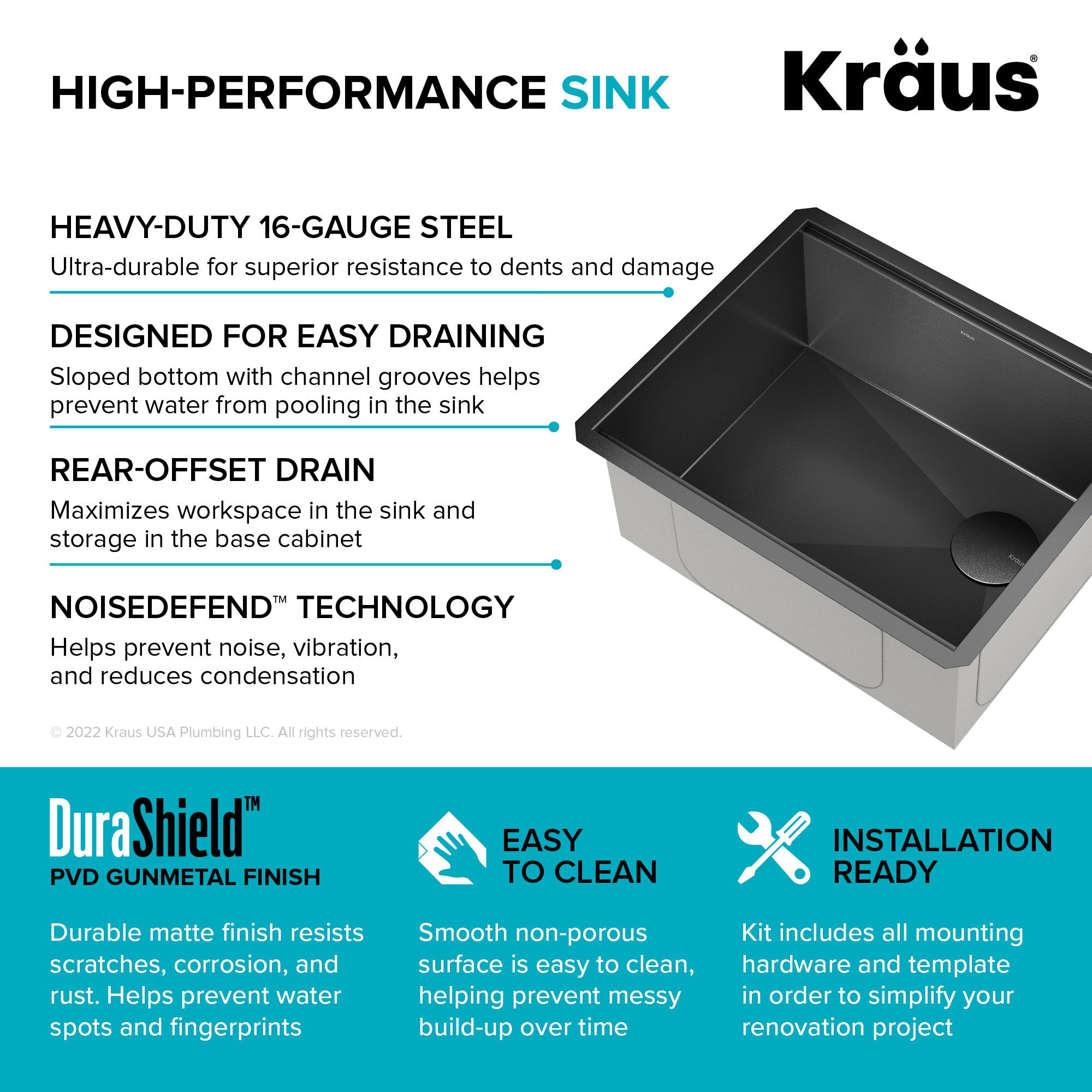 KRAUS Kore™ Undermount Workstation 16 Gauge Black Stainless Steel Single Bowl Kitchen Sink in PVD Gunmetal Finish