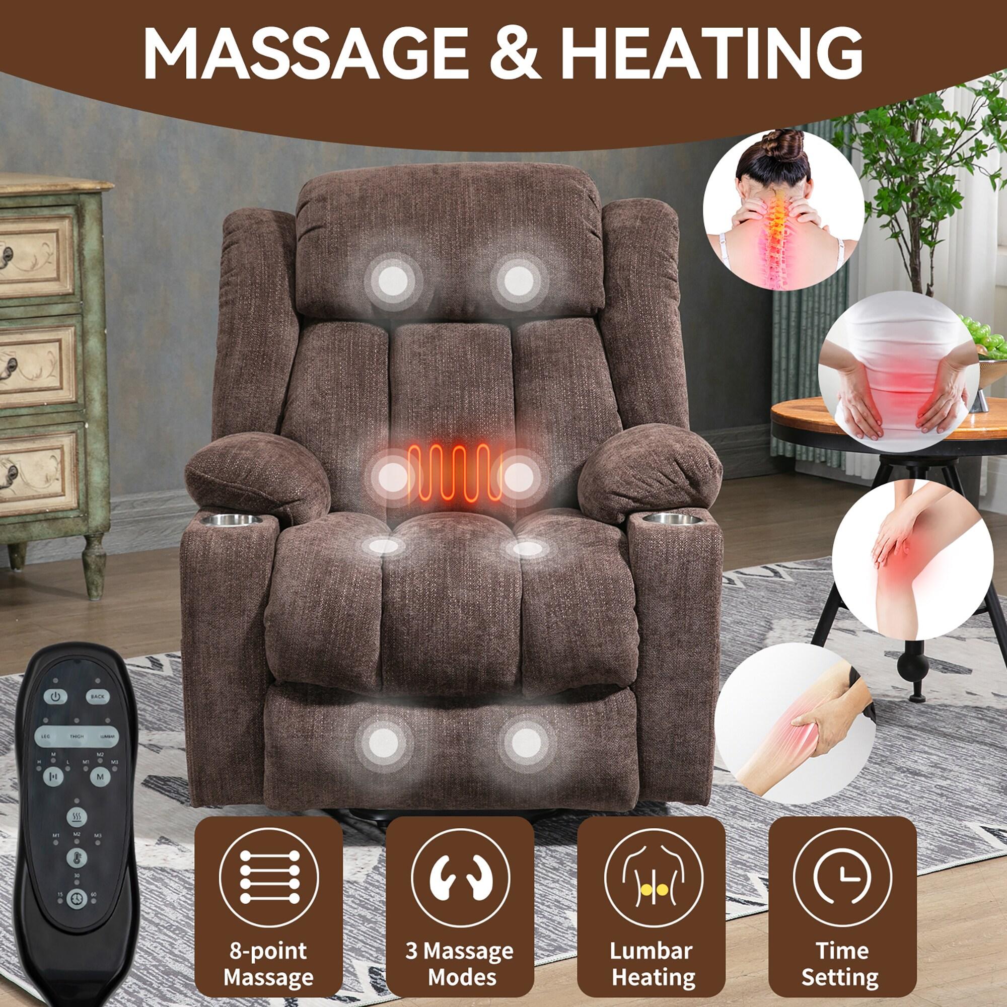 Power Lift Chair with Full-Body Massage and Heat, Electric Recliner Chairs for Adults, Remote Control, Standing Assistance, USB Ports, Stainless Steel Cup Holders, Chenille Brown