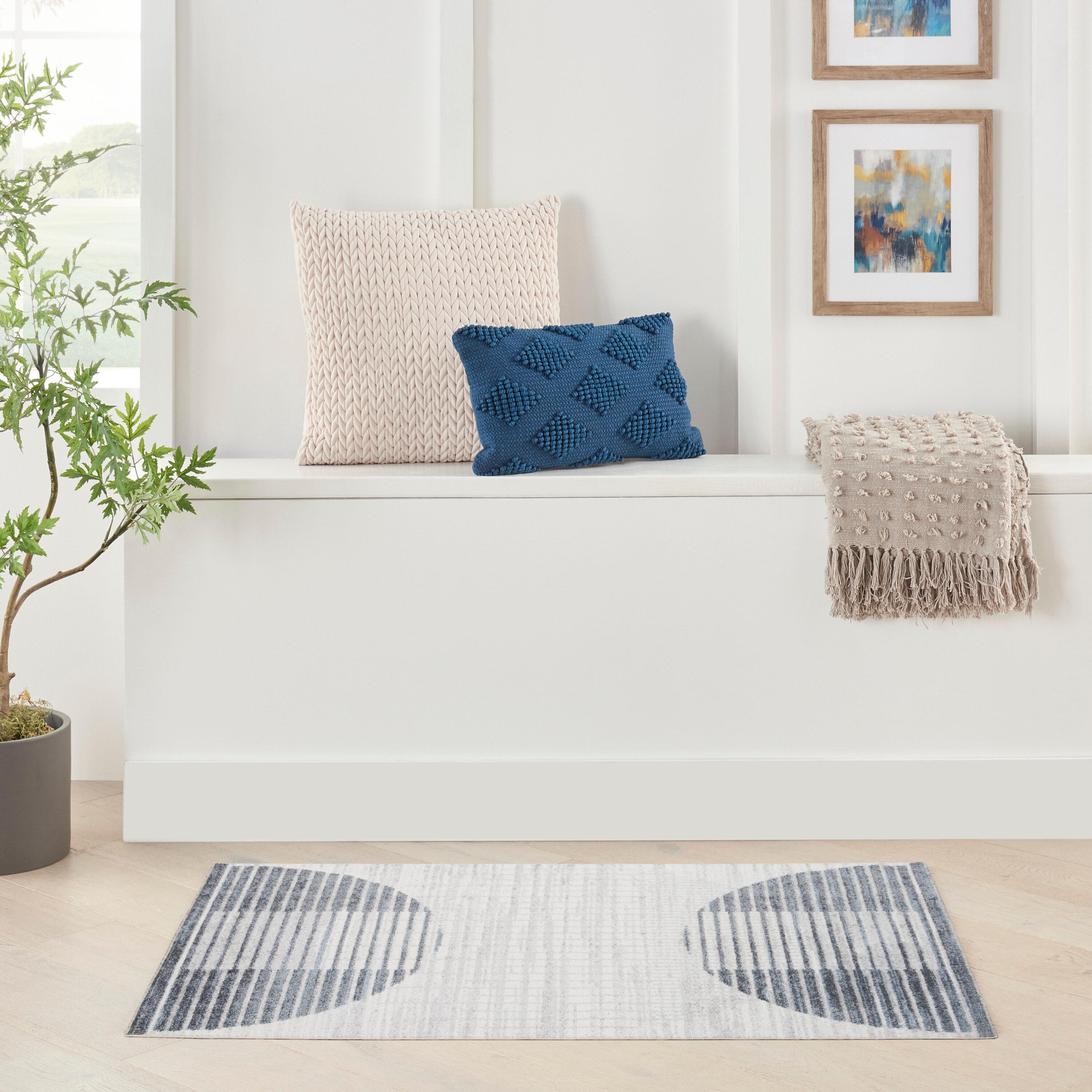 Nourison Astra Machine Washable Semi Circles Mid-Century Modern Indoor Rug Ivory Blue 2'2" x 4'