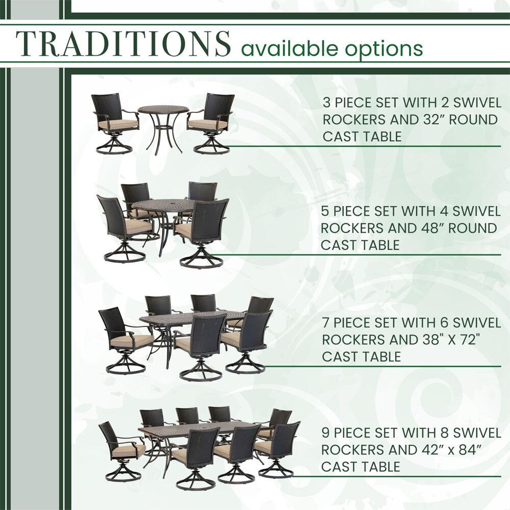 Hanover Traditions 3-Piece Outdoor Furniture Patio Bistro Set, 2 Cushioned Wicker Aluminum Swivel Rocker Chairs and 32" Round Cast Table, Natural Oat